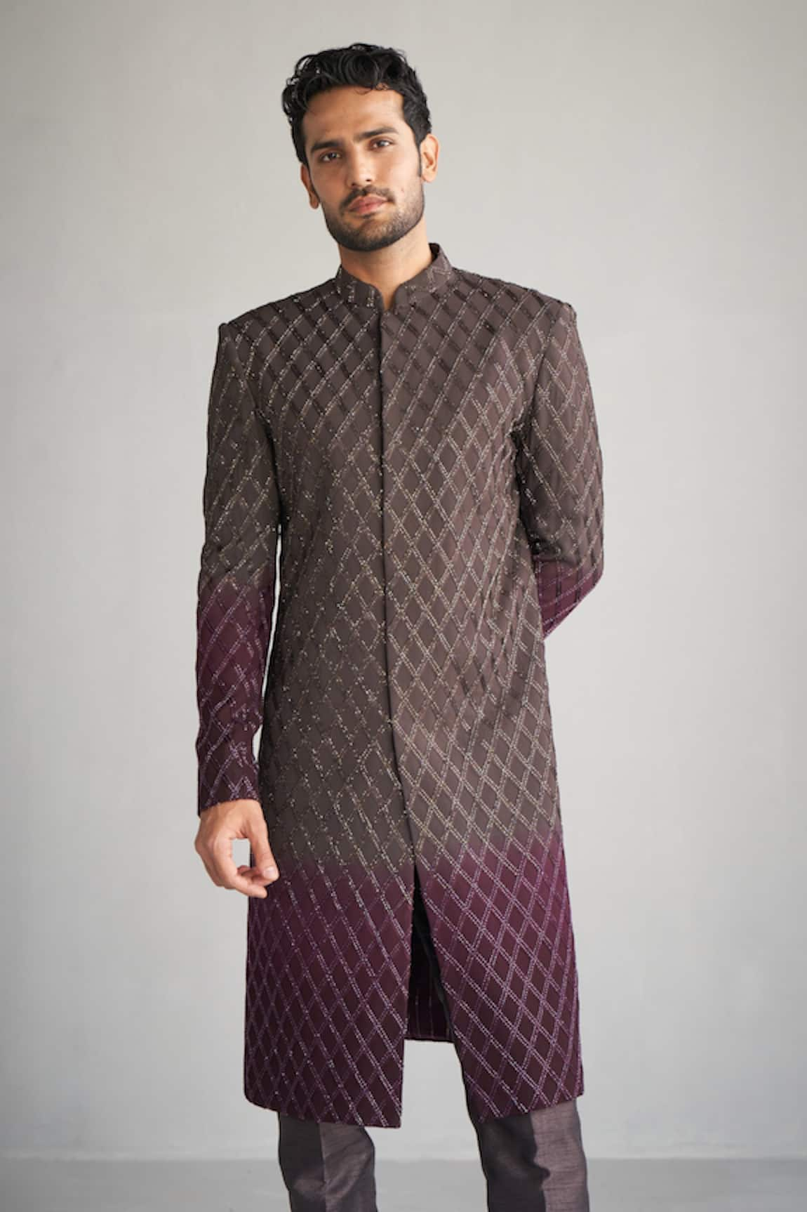 Sawan Gandhi Chequered Embroidered Sherwani With Pant