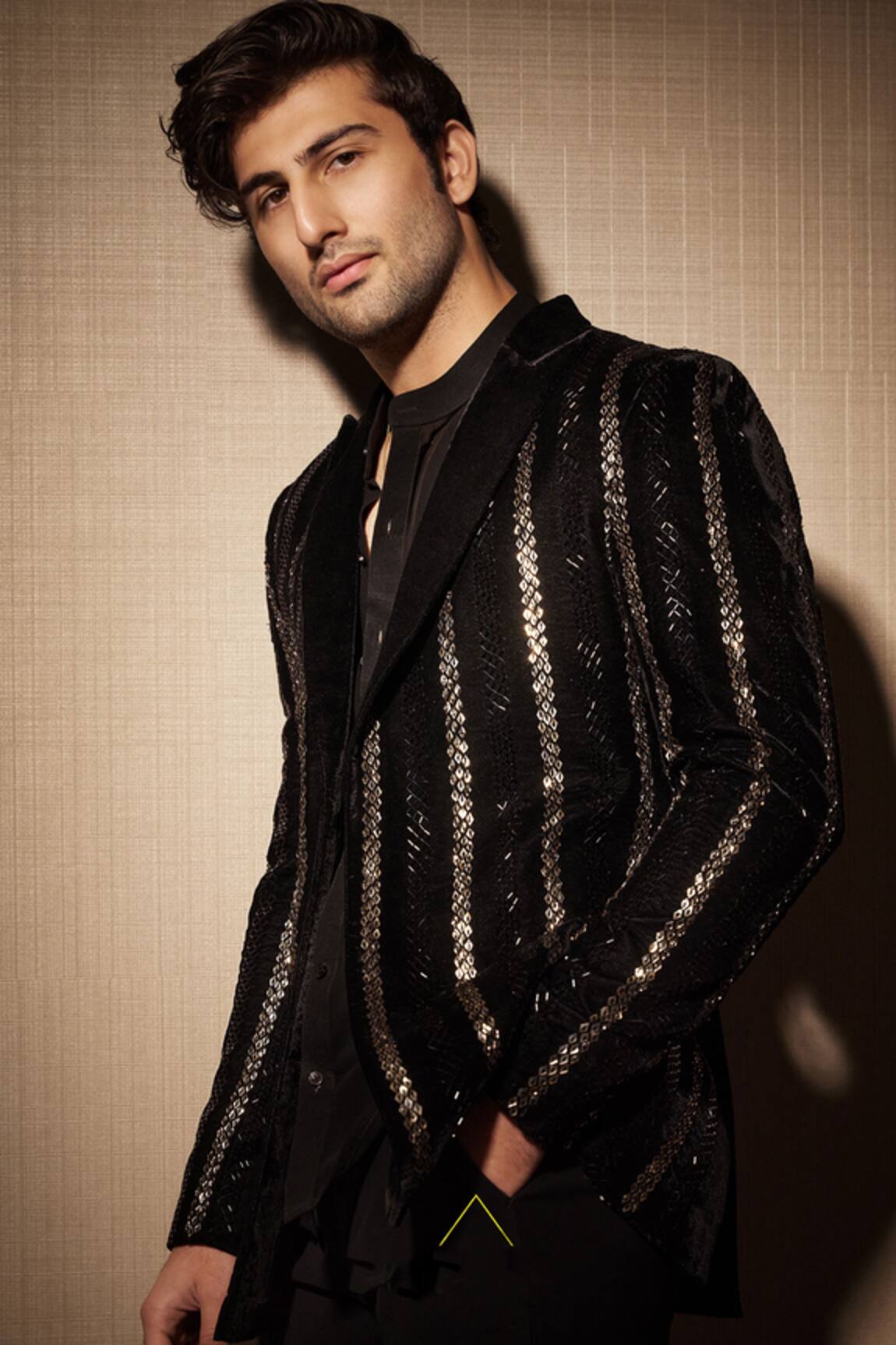 Sawan Gandhi Velvet Crystal Stripe Pant Jacket With Pant