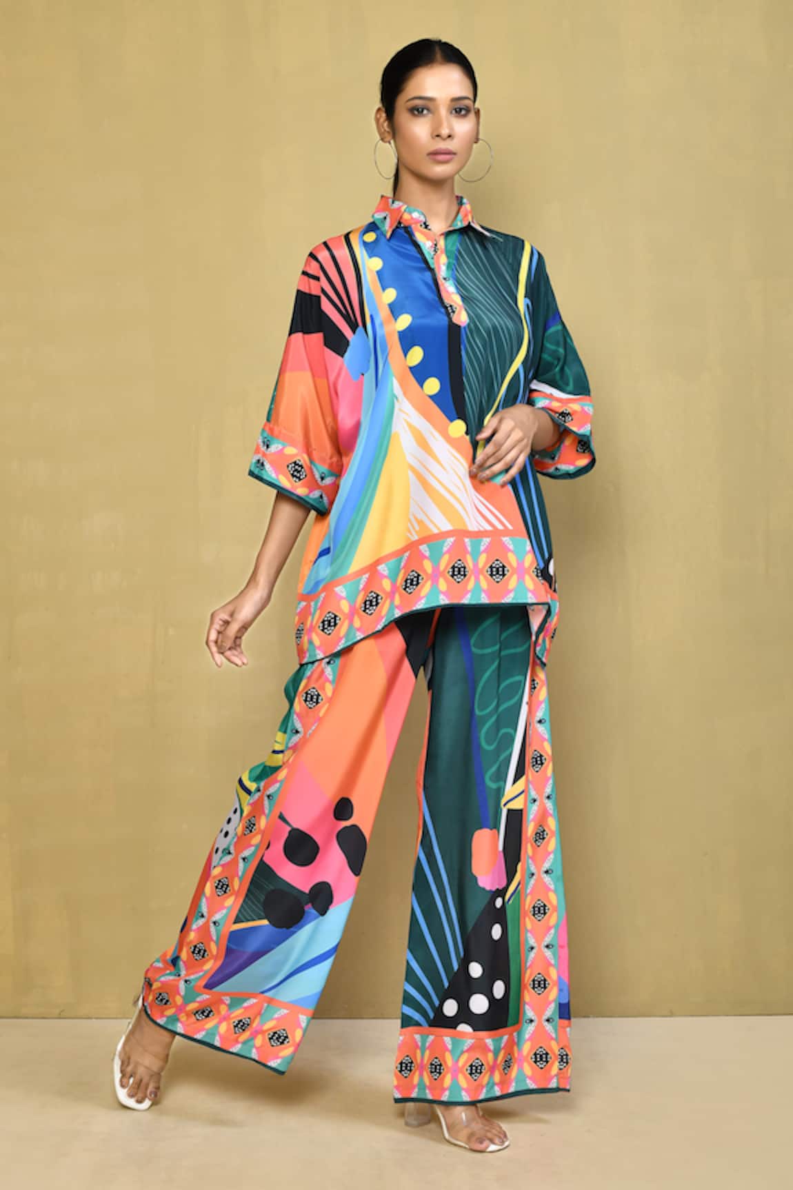 Naintara Bajaj Abstract Print Asymmetric Shirt & Pant Set