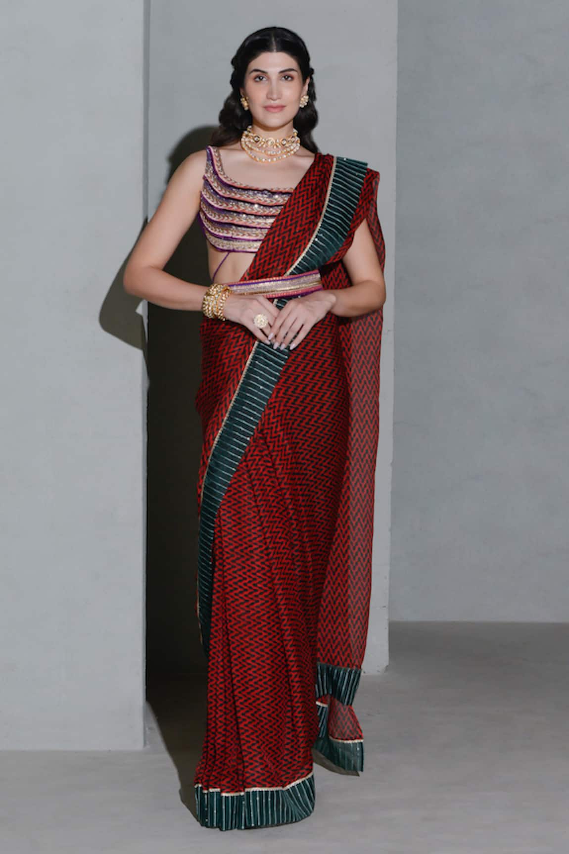 Rishi & Vibhuti Geometric Print Saree With Embellished Blouse