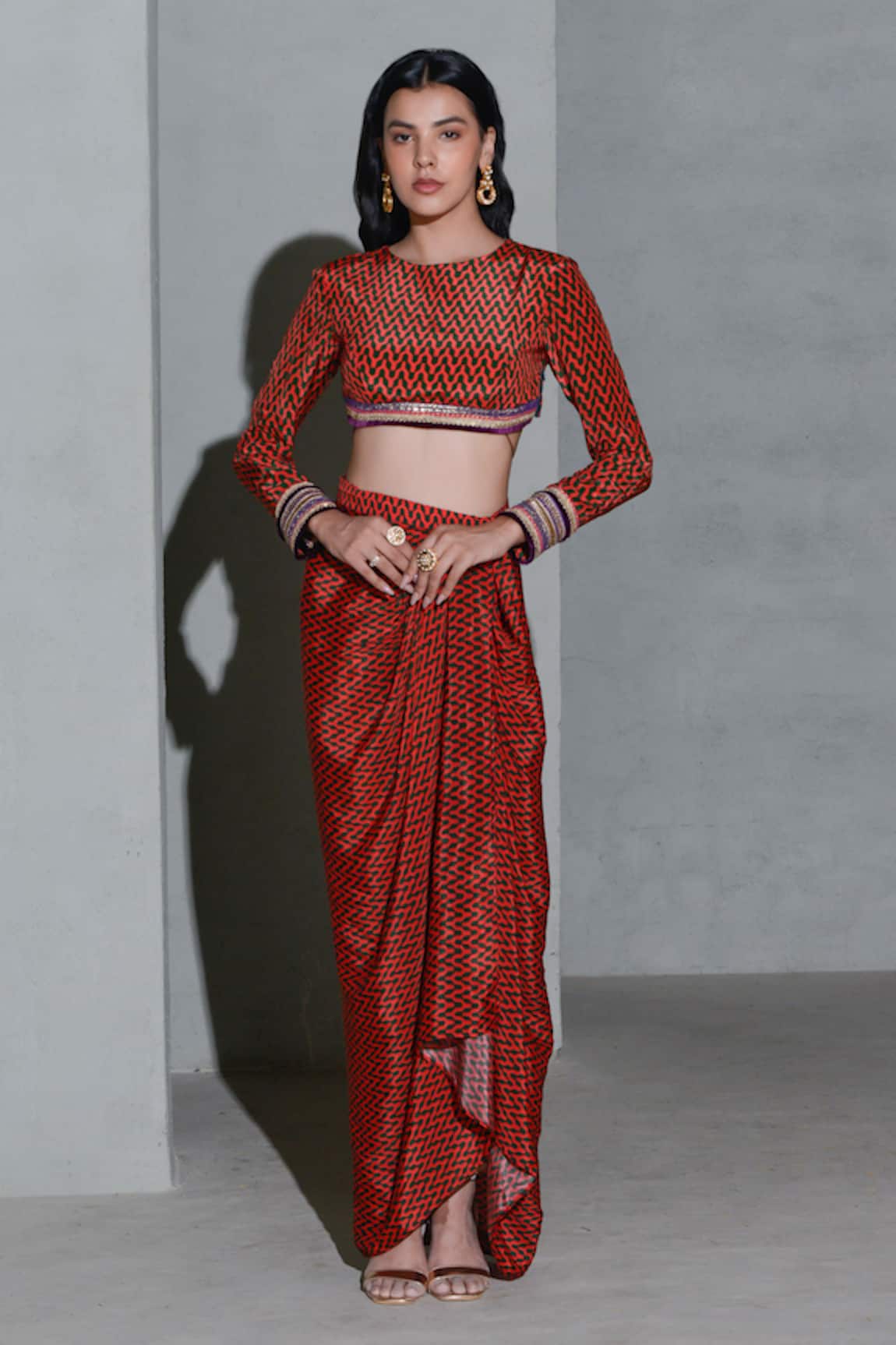 Rishi & Vibhuti Geometric Print Blouse With Asymmetric Skirt