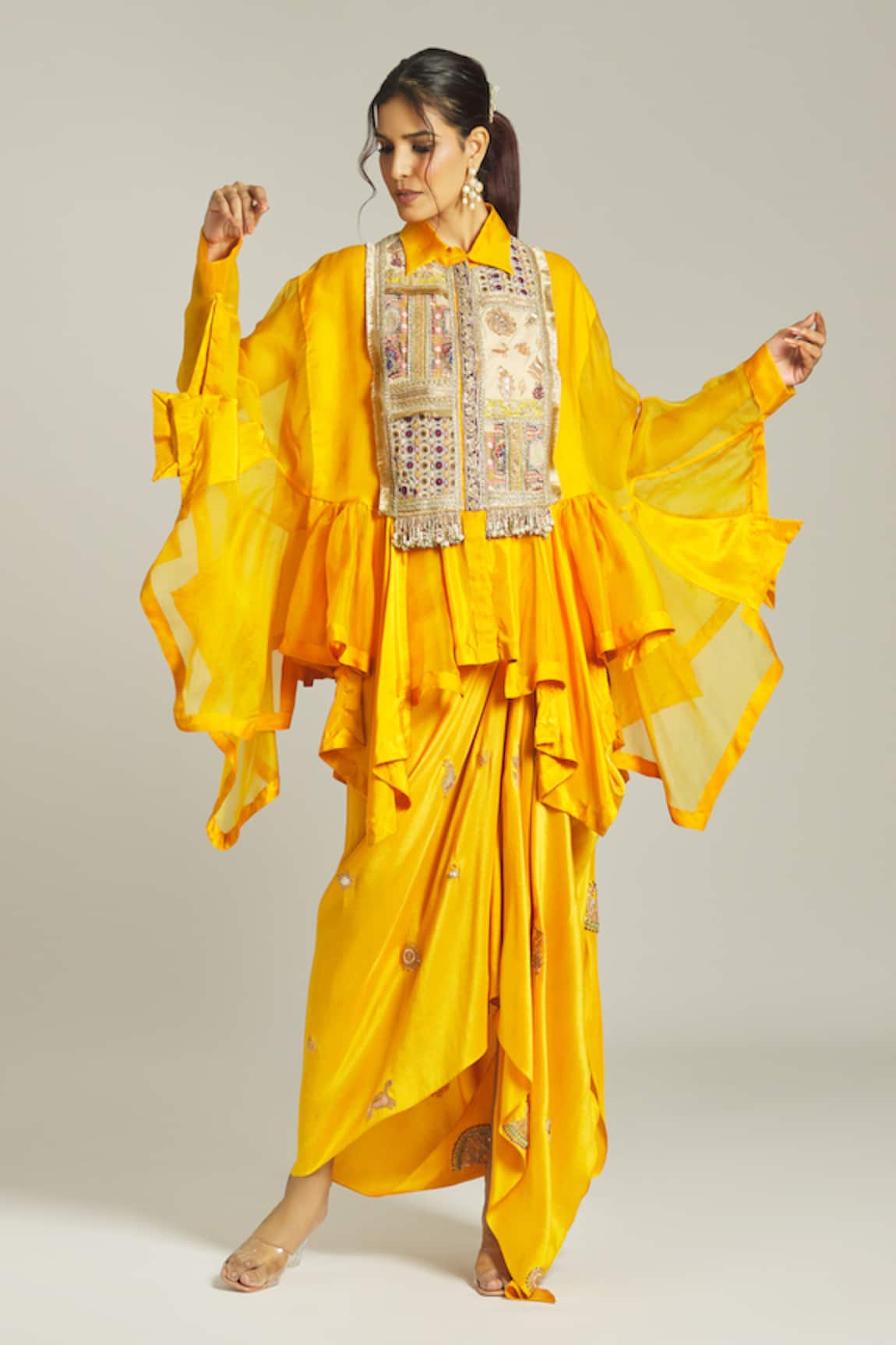 Anamika Khanna Silk Asymmetric Embellished Shirt With Skirt 