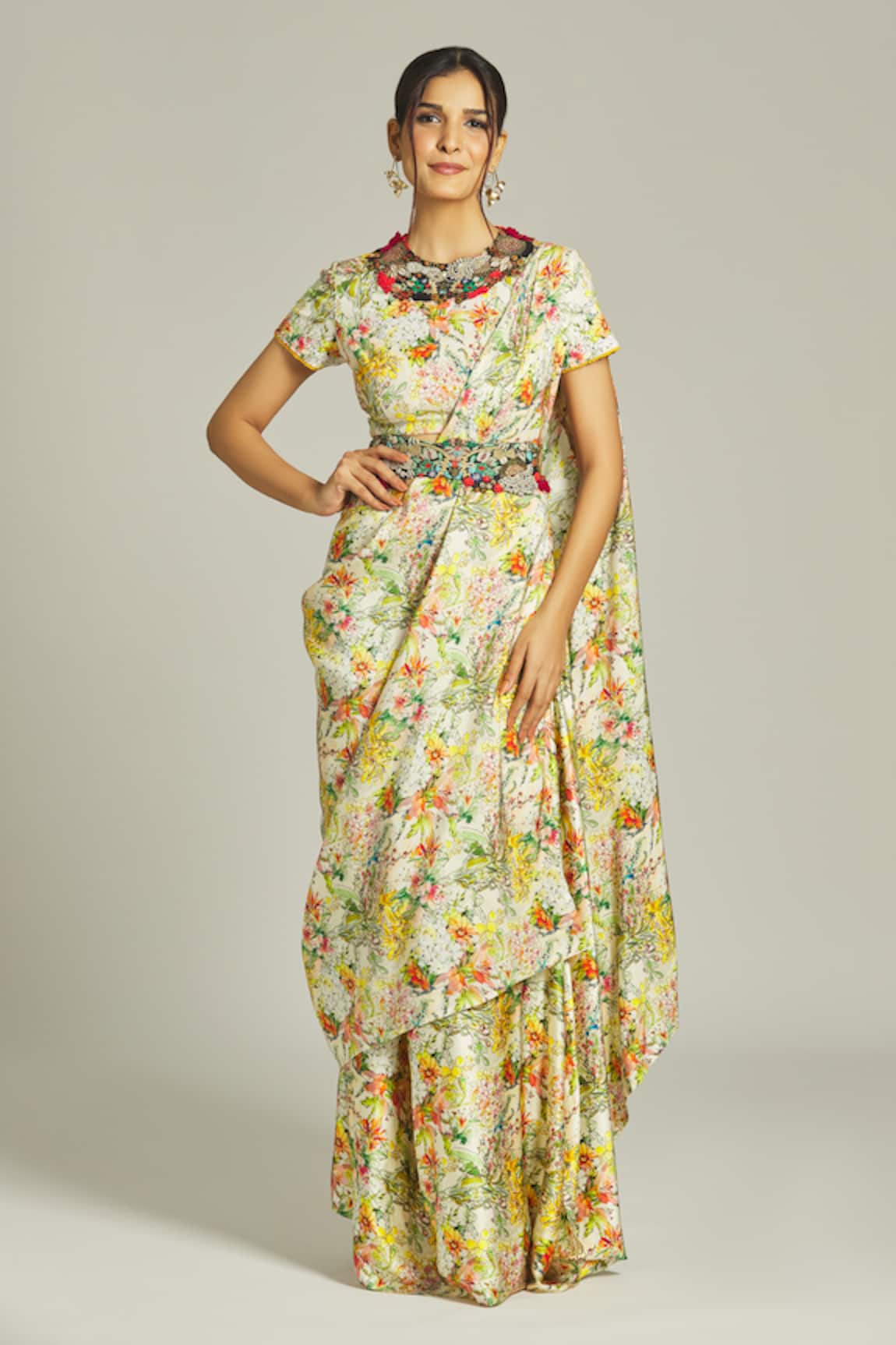 Anamika Khanna Silk Floral Print Embellished Blouse Skirt Set 