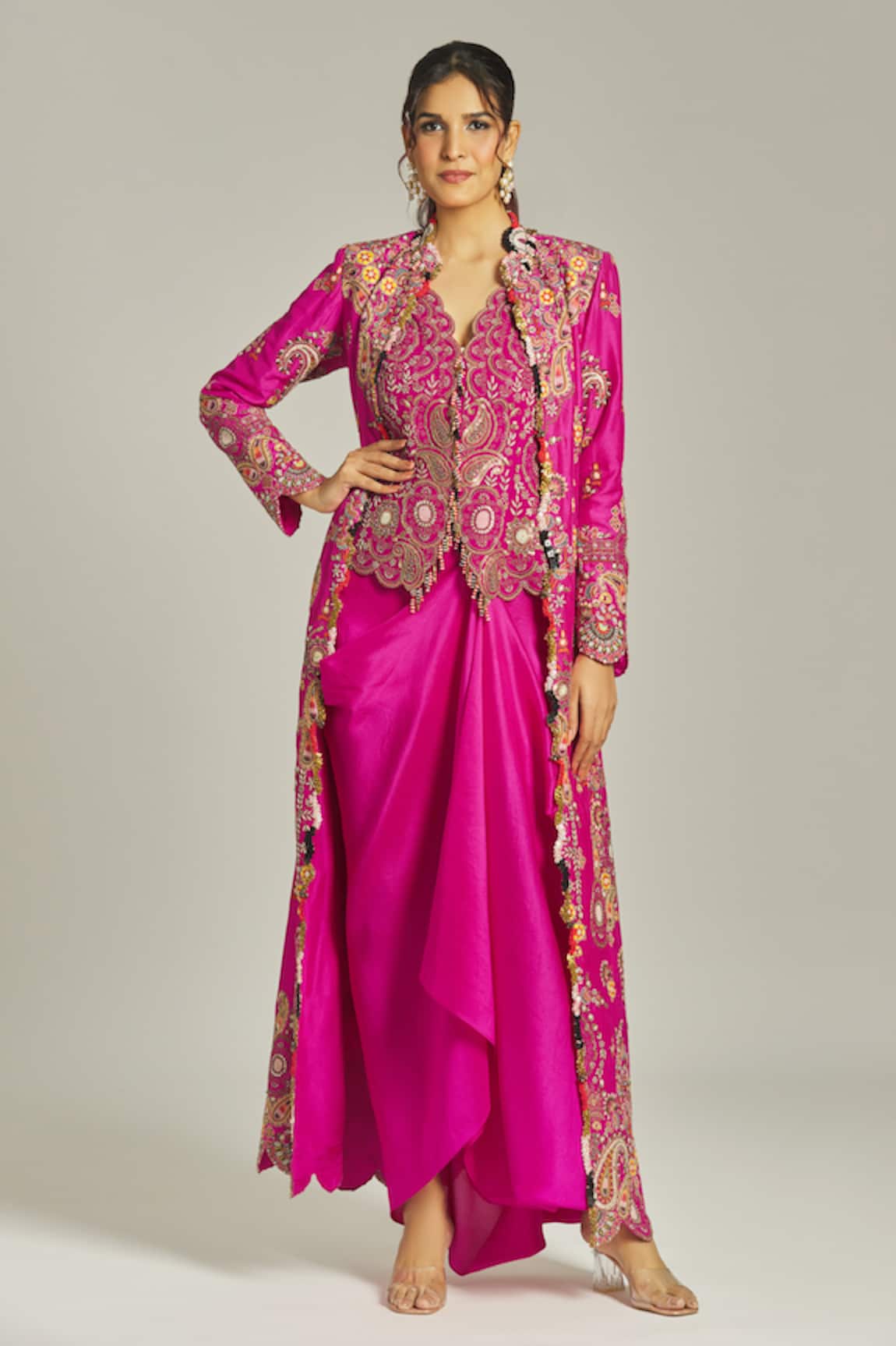 Anamika Khanna Silk Paisley Embroidered Long Coat Skirt Set