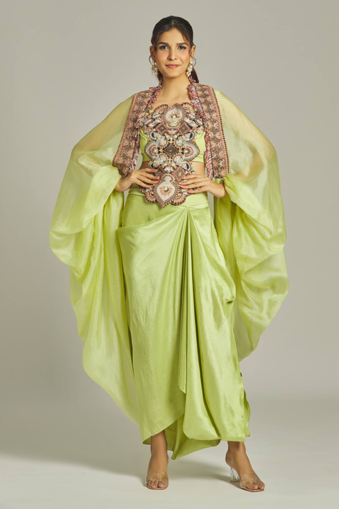 Anamika Khanna Thread Work Cape Draped Skirt Set 