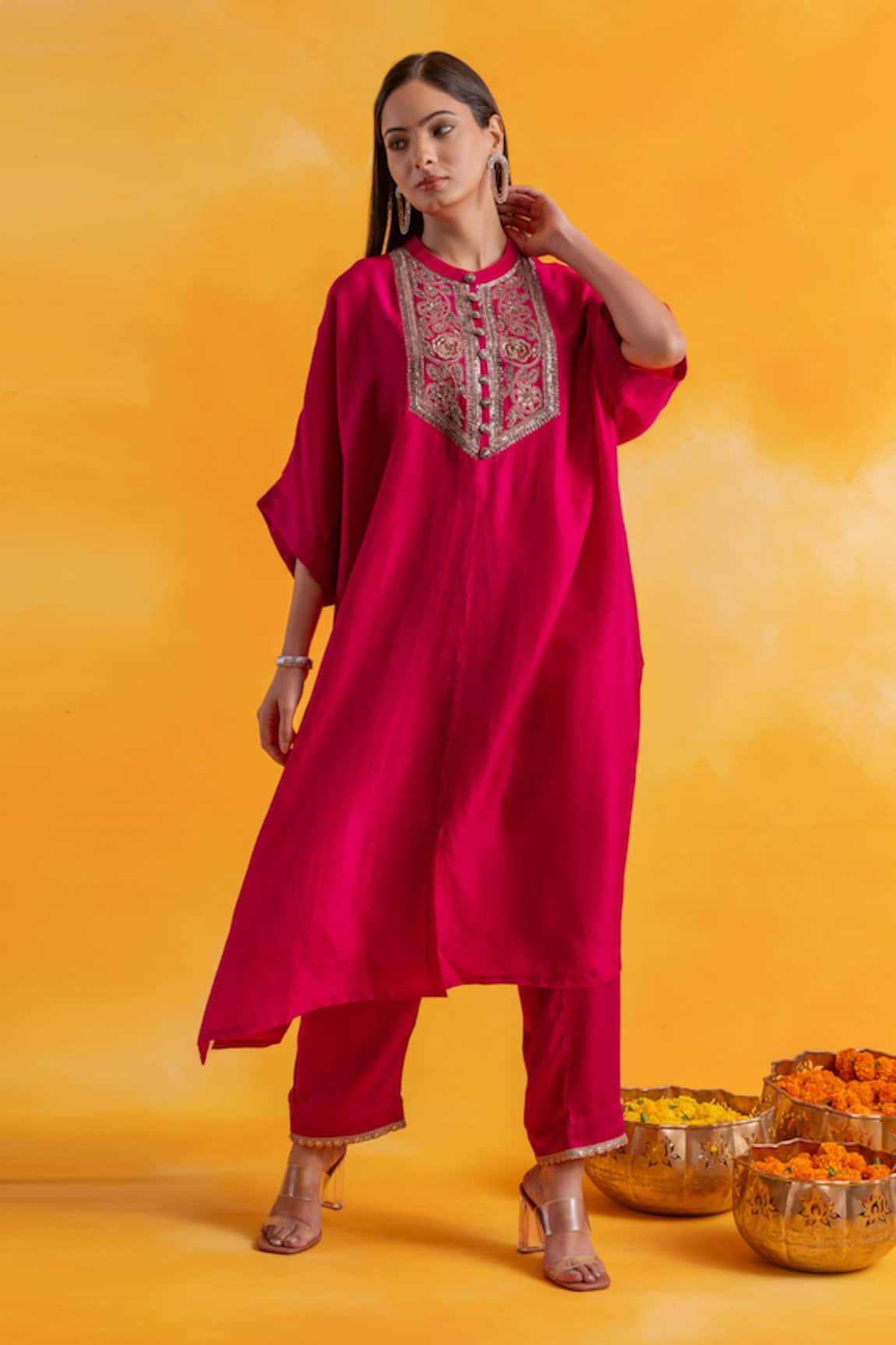 Pairaahan Petunia Bloom Embroidered Silk Kaftan With Pant