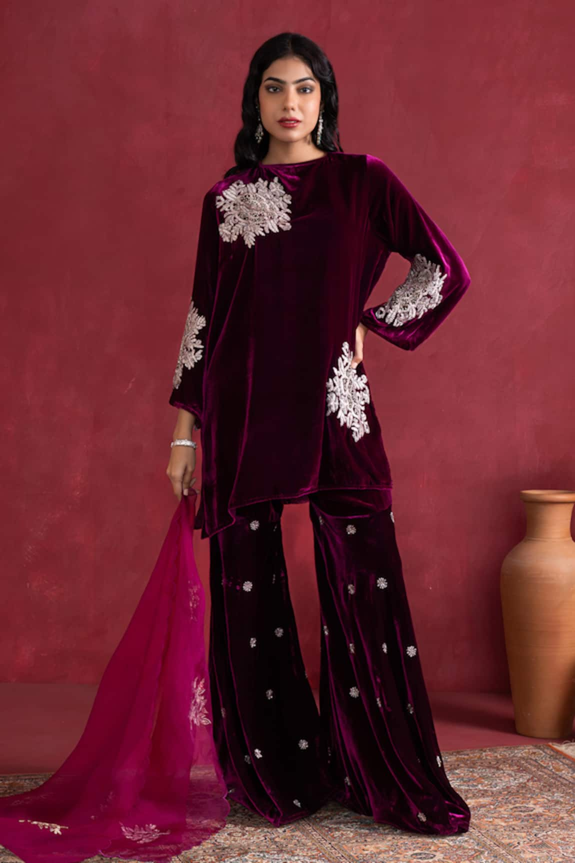 Pairaahan Persian Blossom Embroidered Velvet Kurta Sharara Set