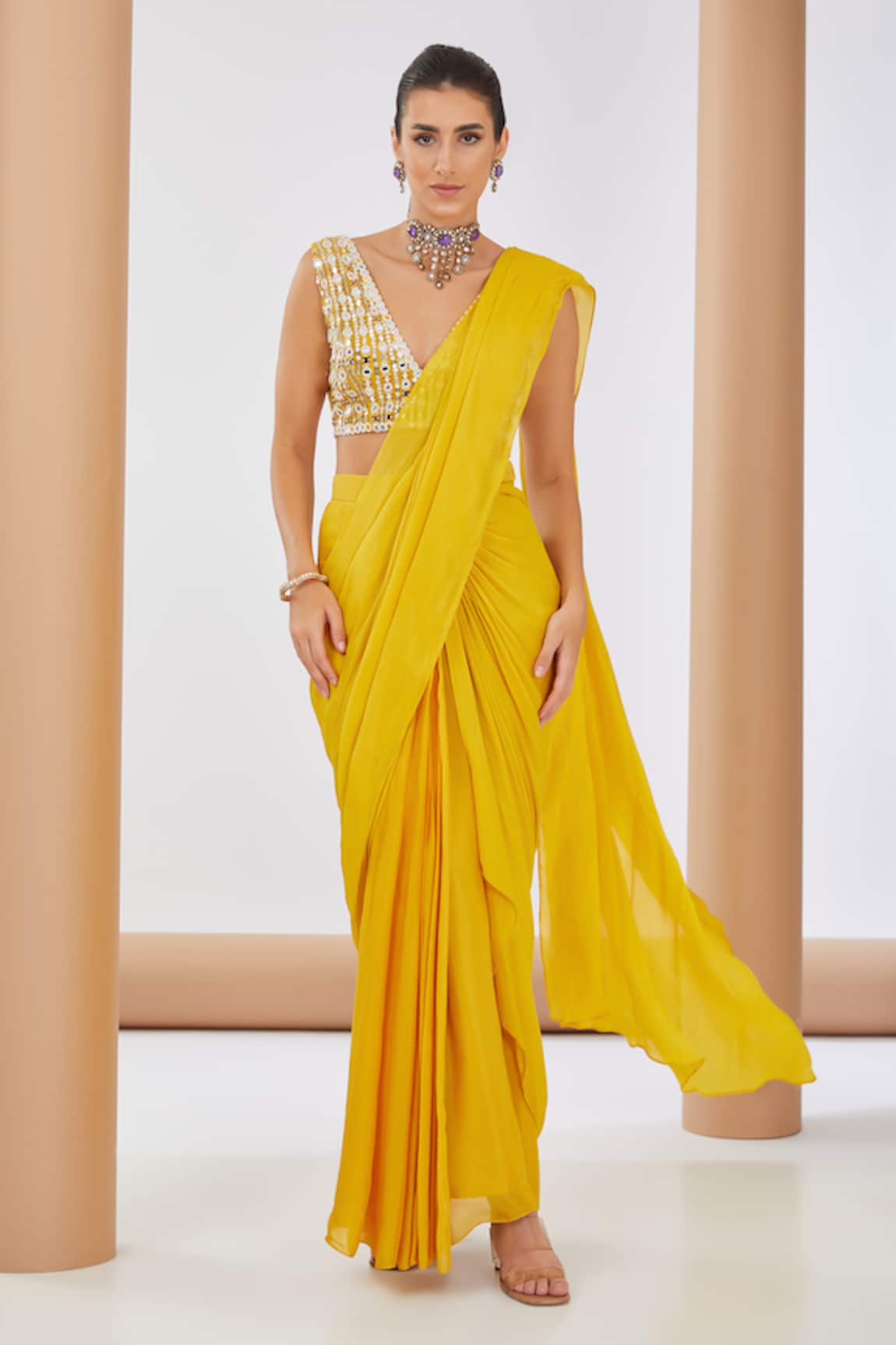 Neha Khullar Solid Pre Draped Saree With Embellished Blouse