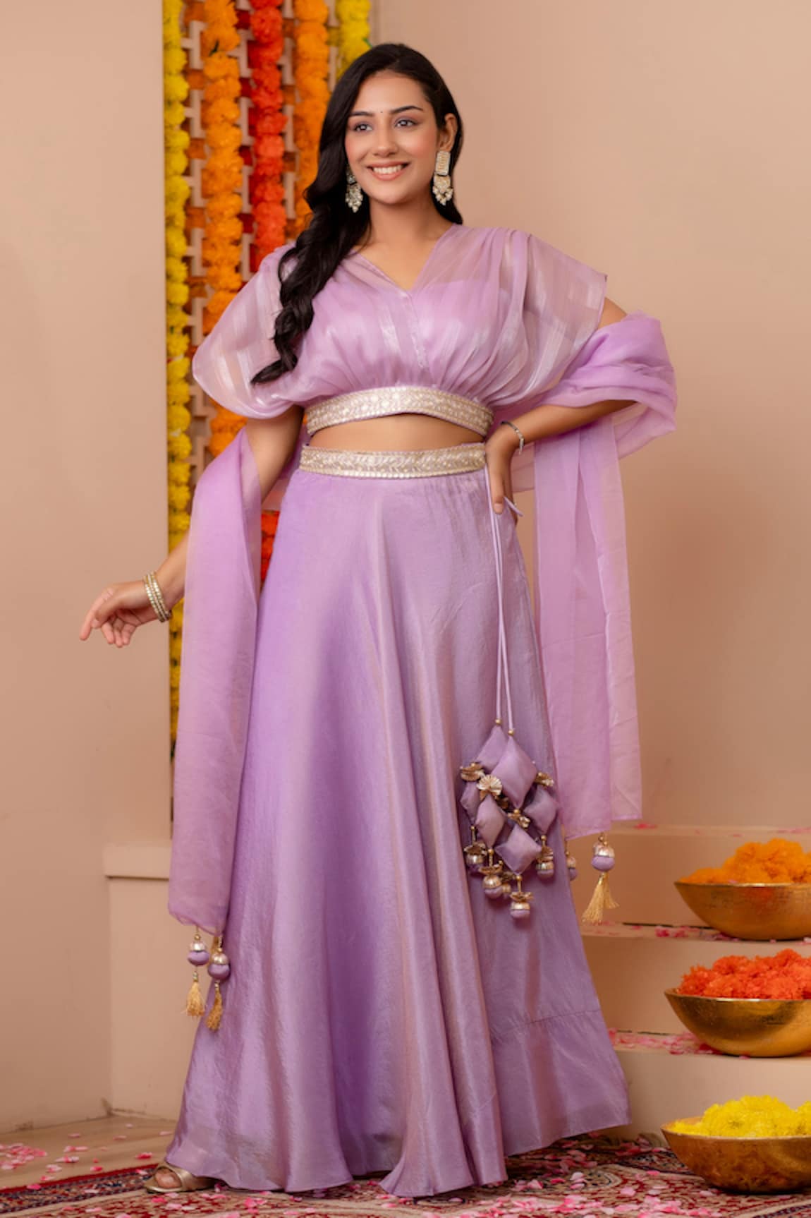 Kohsh Solid Lehenga Set With Balloon Blouse