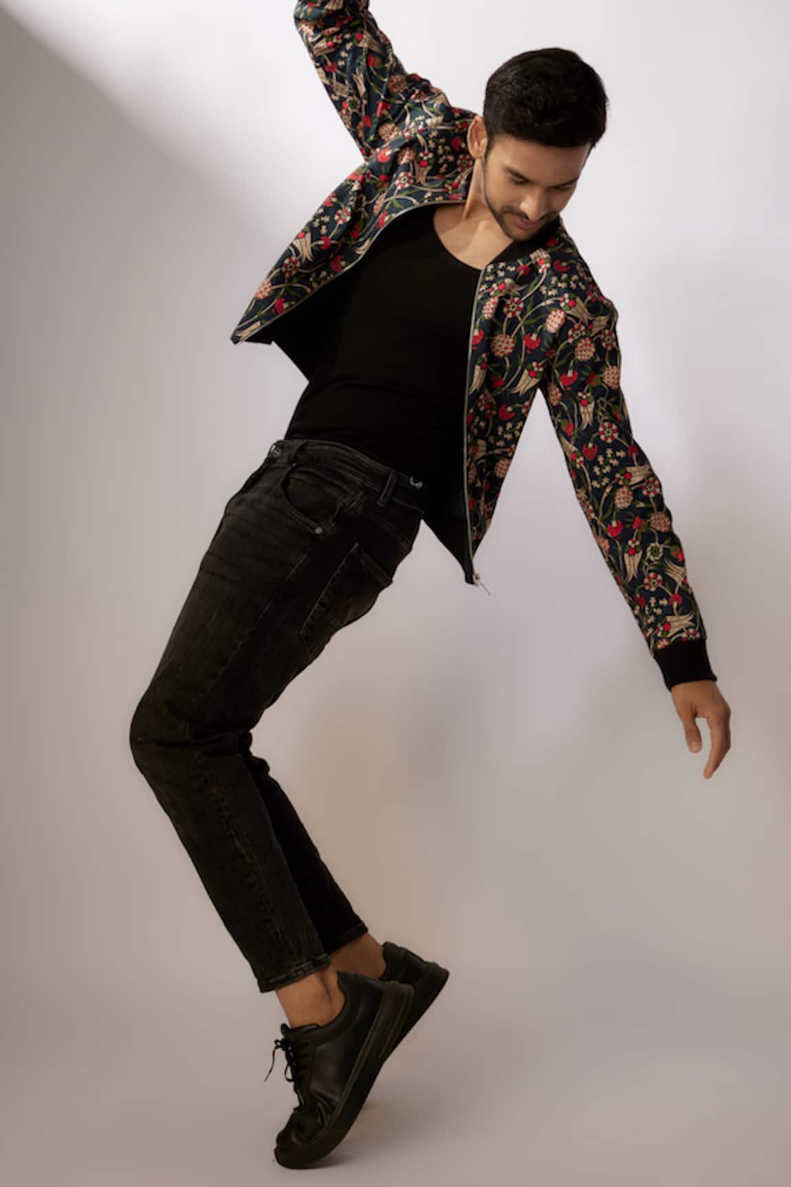 Nadima Saqib Black Floral Jaal Print Bomber Jacket 