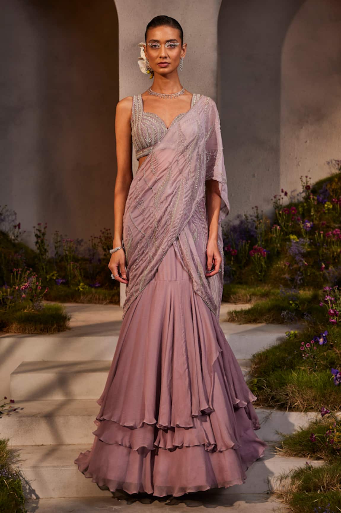 Charu and Vasundhara Lilith Tiered Lehenga Saree With Embroidered Blouse