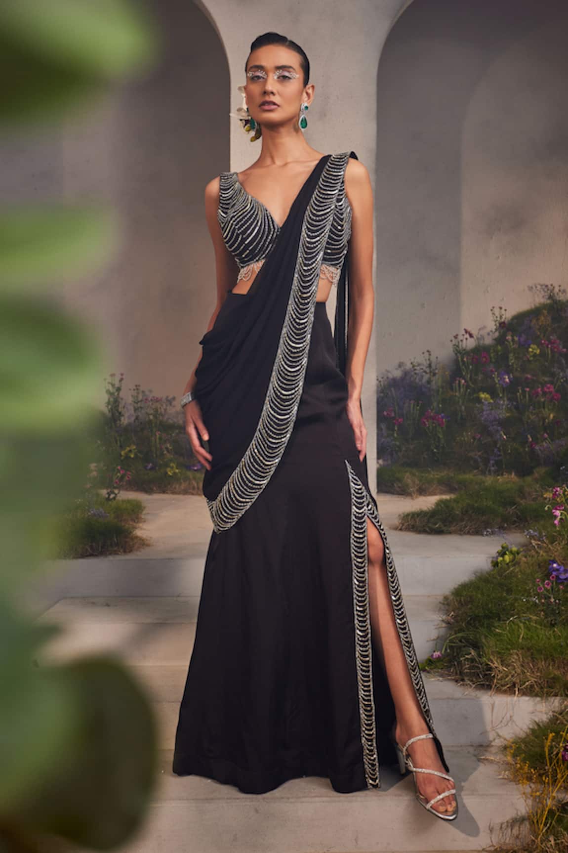 Charu and Vasundhara Lacey Pre-Draped Saree With Embroidered Blouse