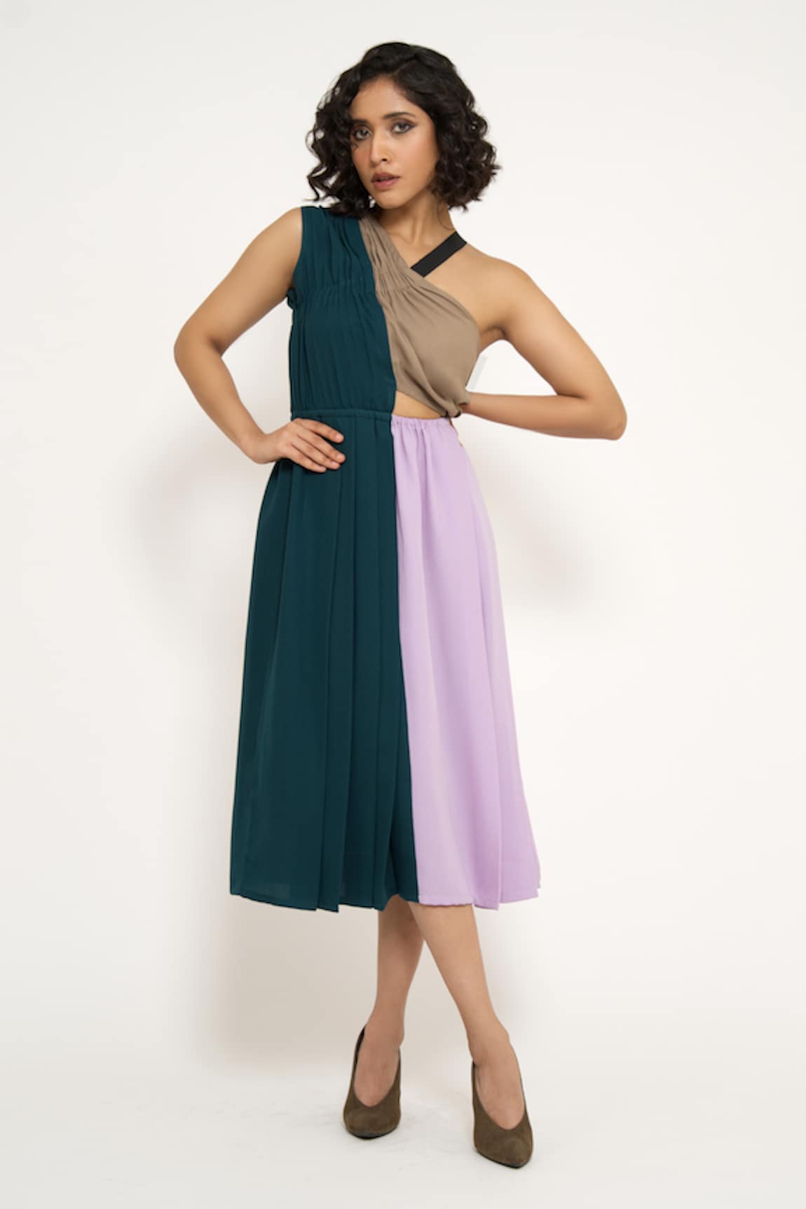 House of Behram One Shoulder Color Block Dress