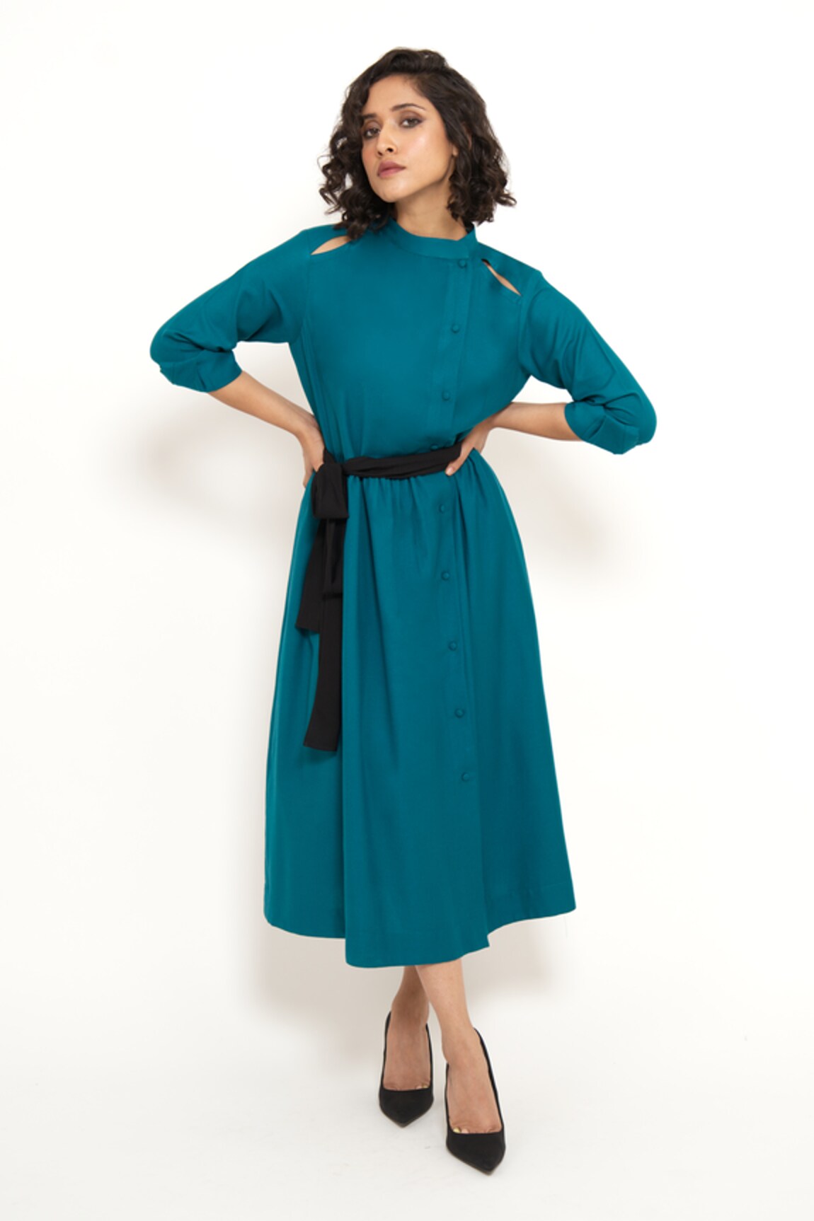 House of Behram Button Down Solid Dress With Belt