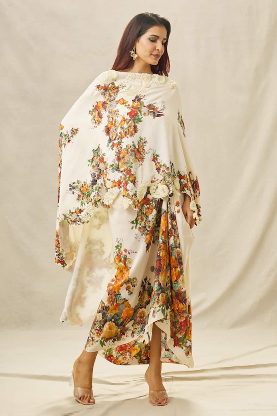 Anamika Khanna Silk Floral Placement Print Top & Draped Skirt Set