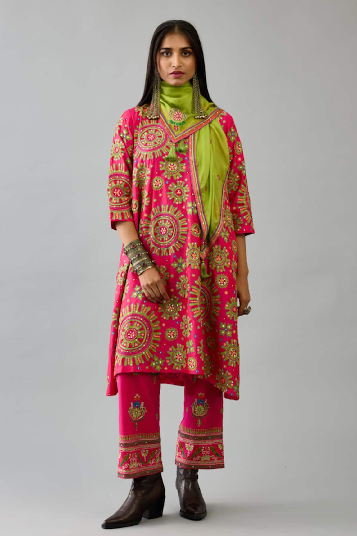 Kora Silk Floral Embroidered A-Line Kurta Set