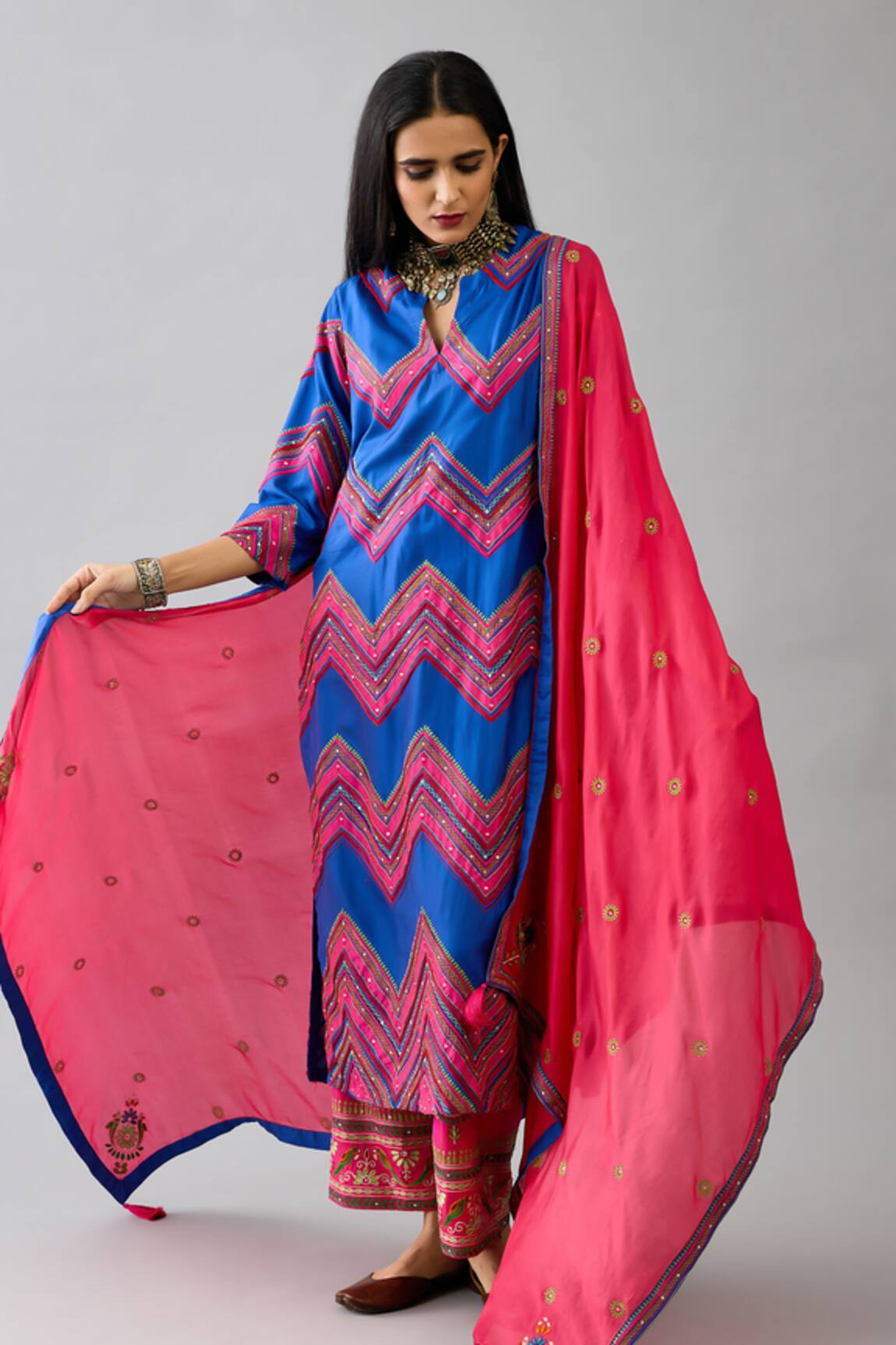 Kora Silk Chevron Embroidered Kurta Pant Set