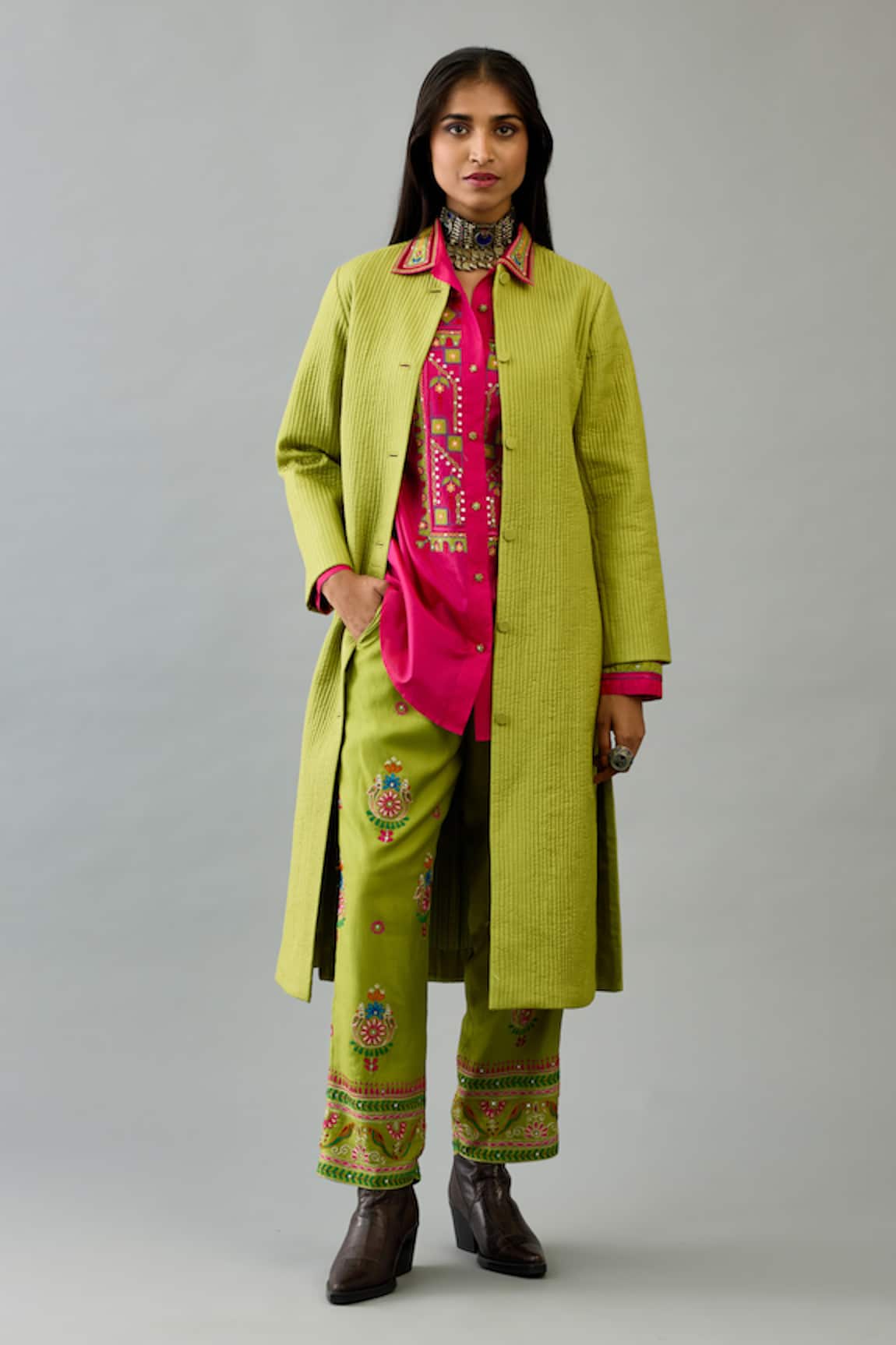 KORA Silk Quilted Long Jacket Pant Set