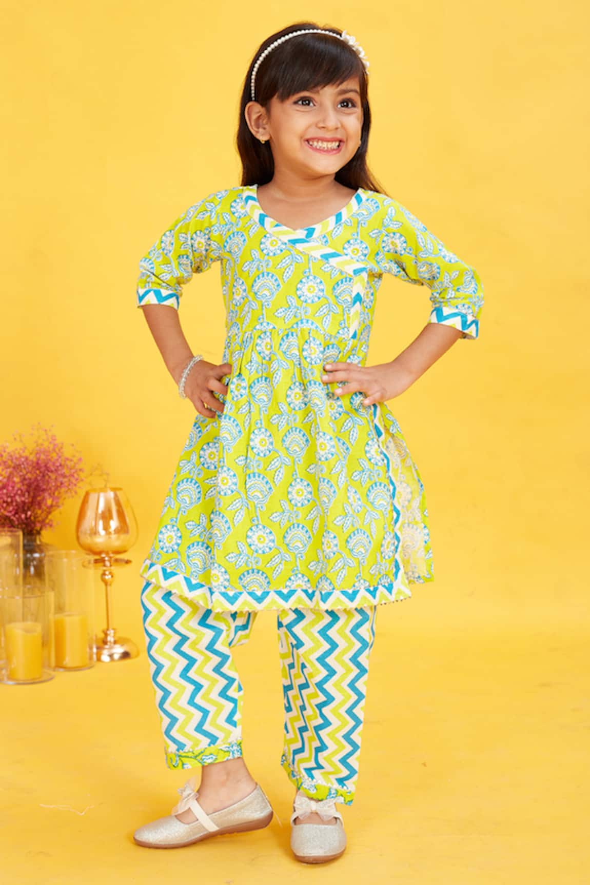 Maaikid Floral Vine Print Kurta & Chevron Pant Set