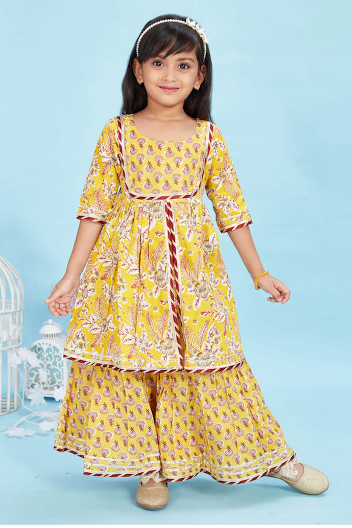 Maaikid Floral Print Front Slit Kurta & Sharara Set