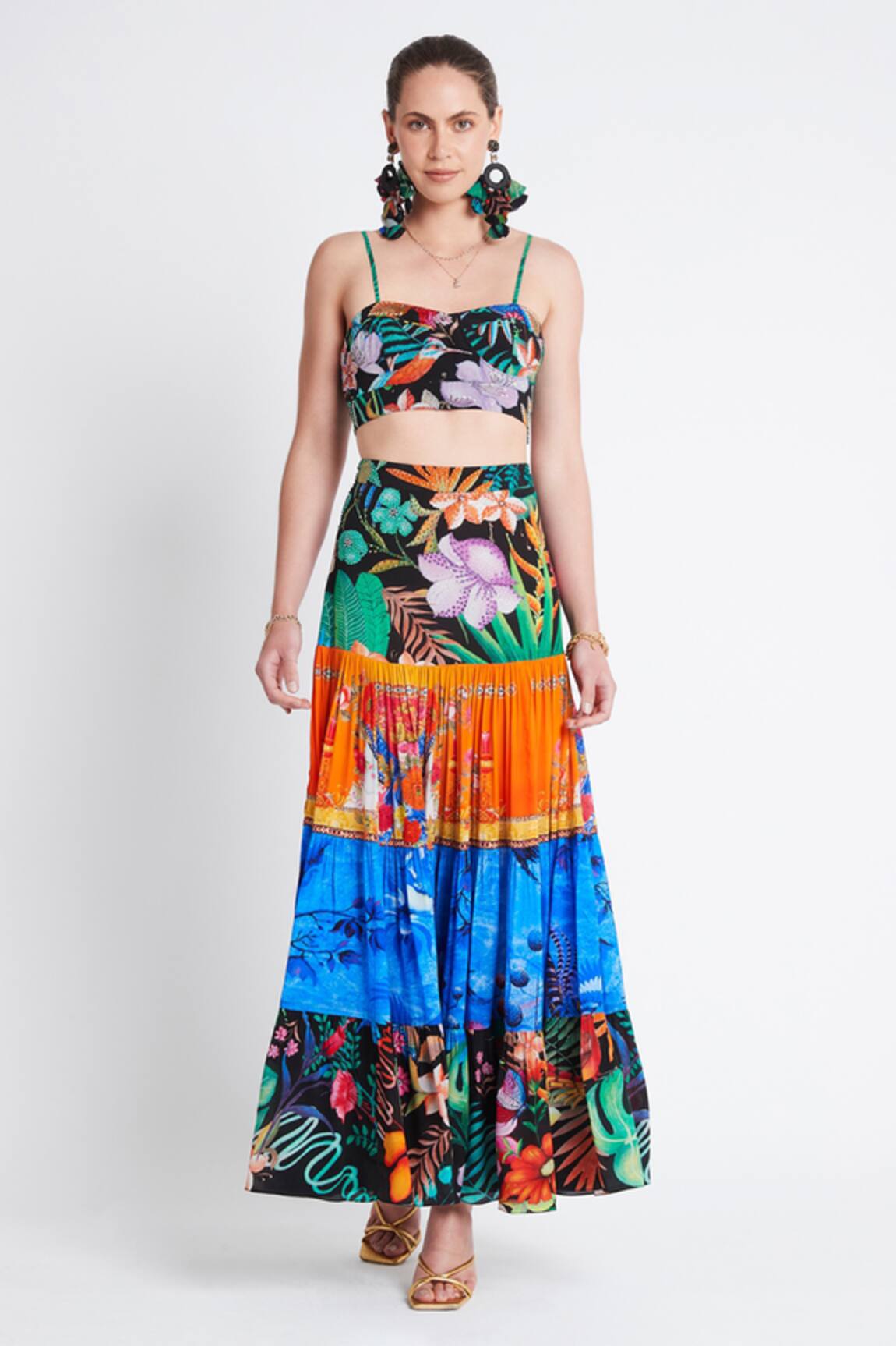 Zariaah Tropical Floral Print Tiered Skirt 