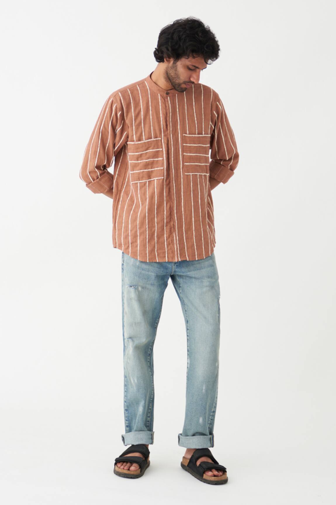 Three Striped Print Roll-Up Sleeve Shirt 