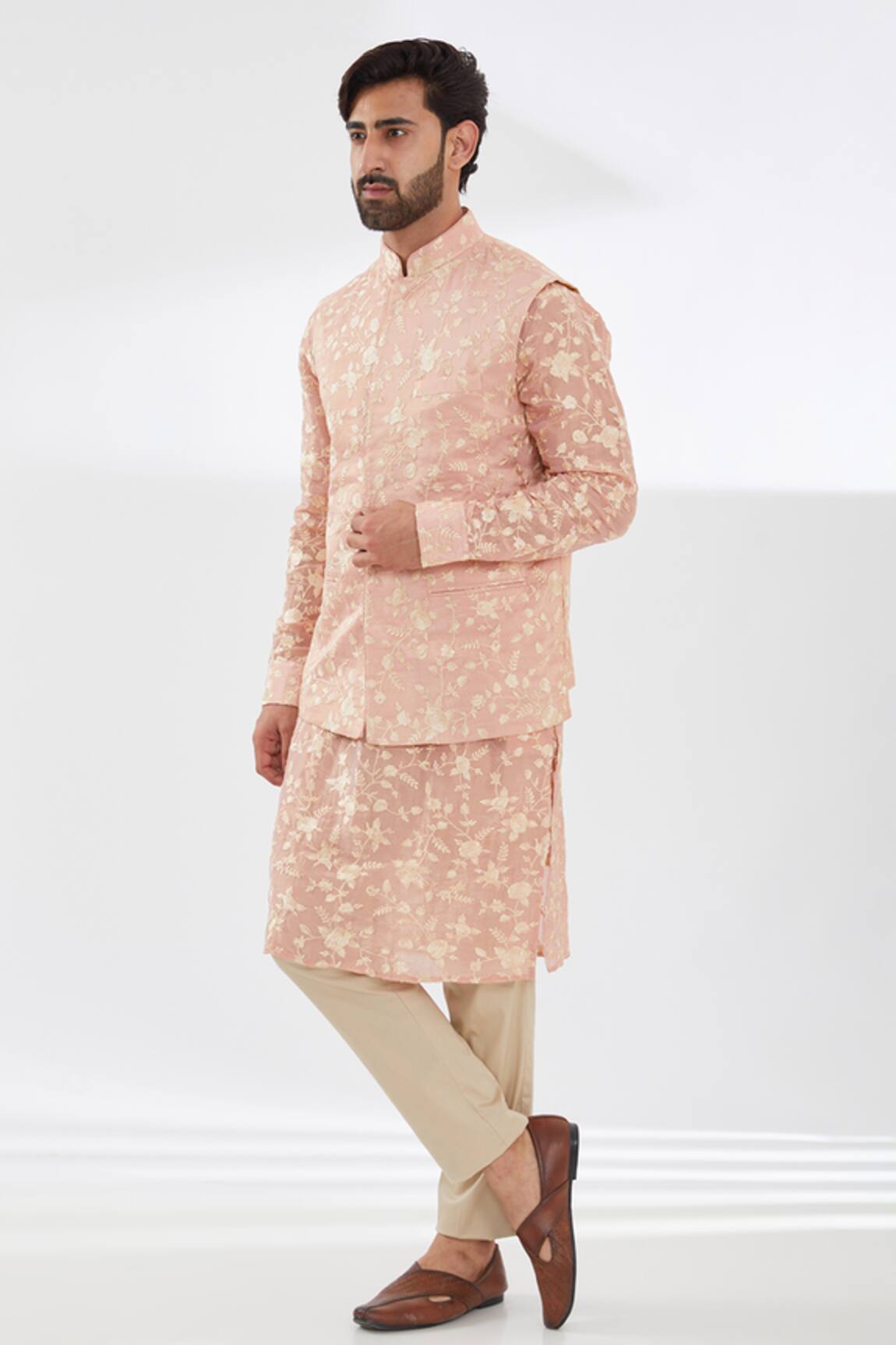 Rabani & Rakha Silk Parsi Gara Embroidered Bundi Kurta Set 