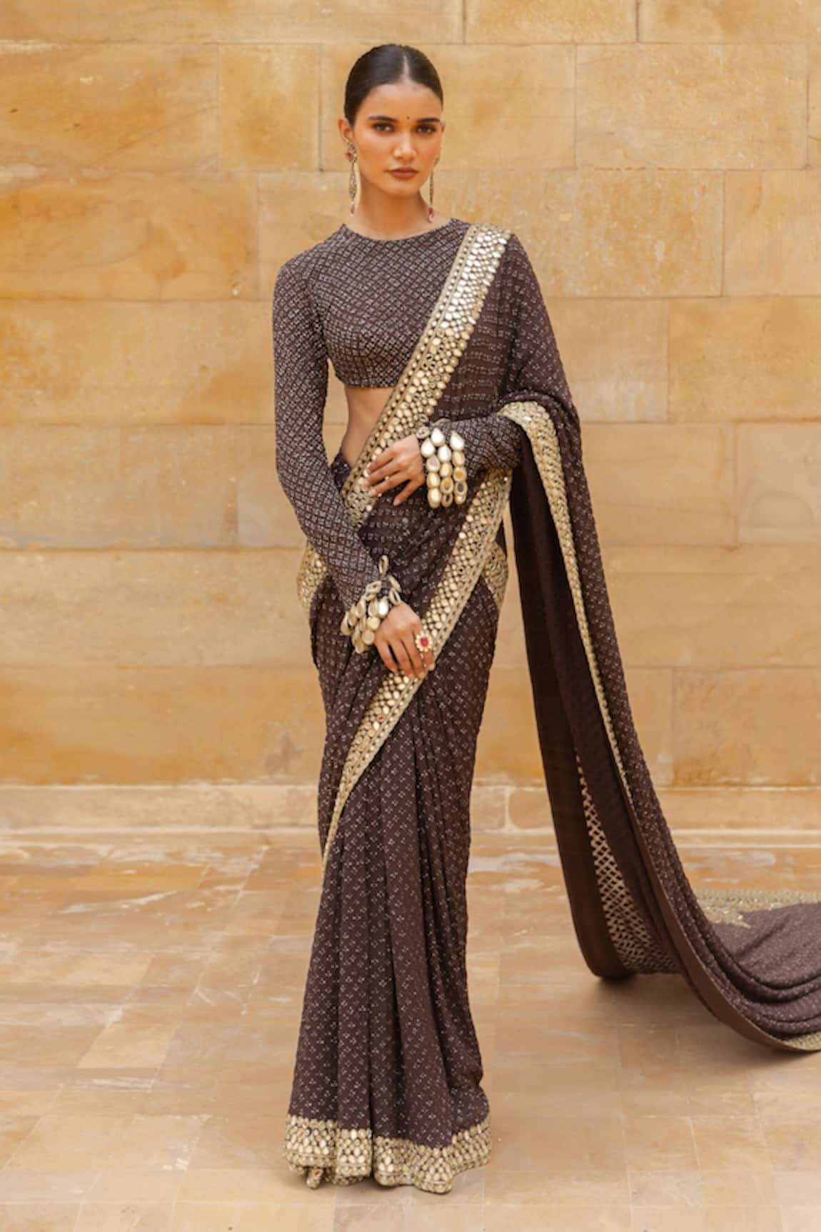 Arpita Mehta Sequin Embroidered Pre-Draped Saree Set With Trail
