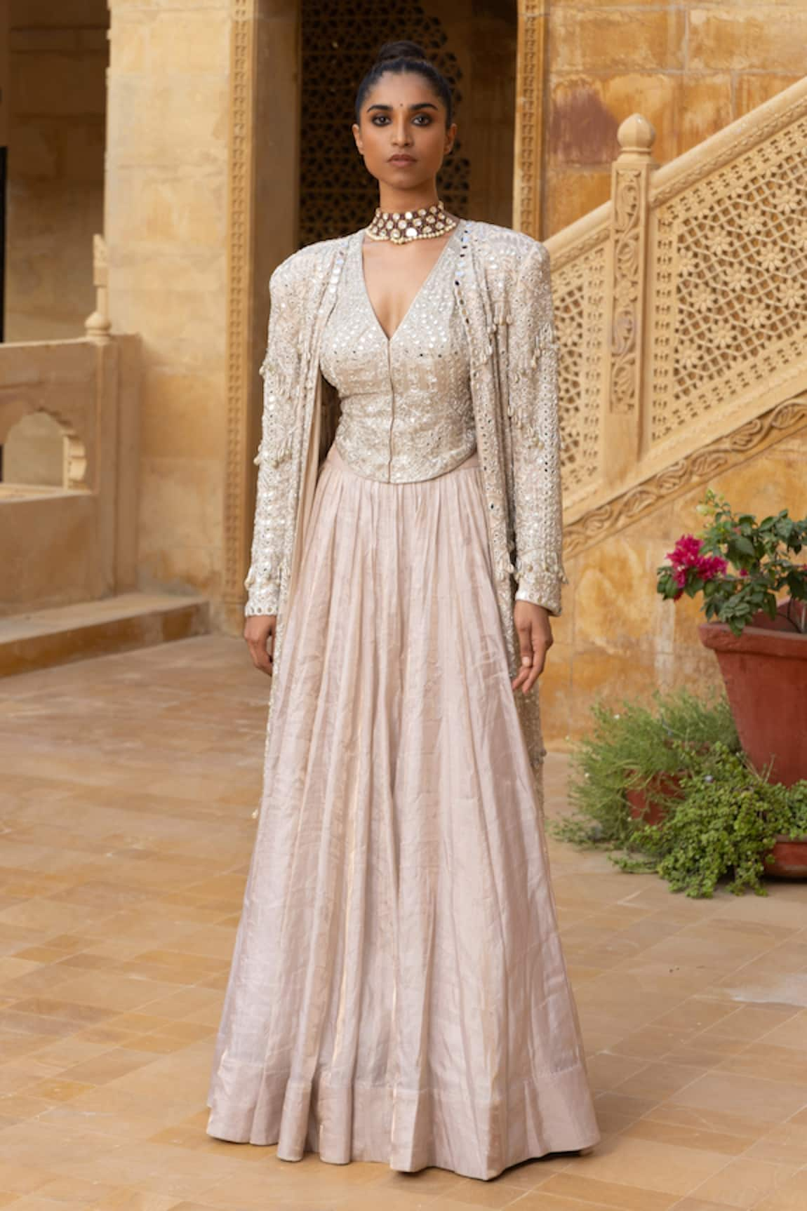 Arpita Mehta Mirror Embroidered Jacket Skirt Set