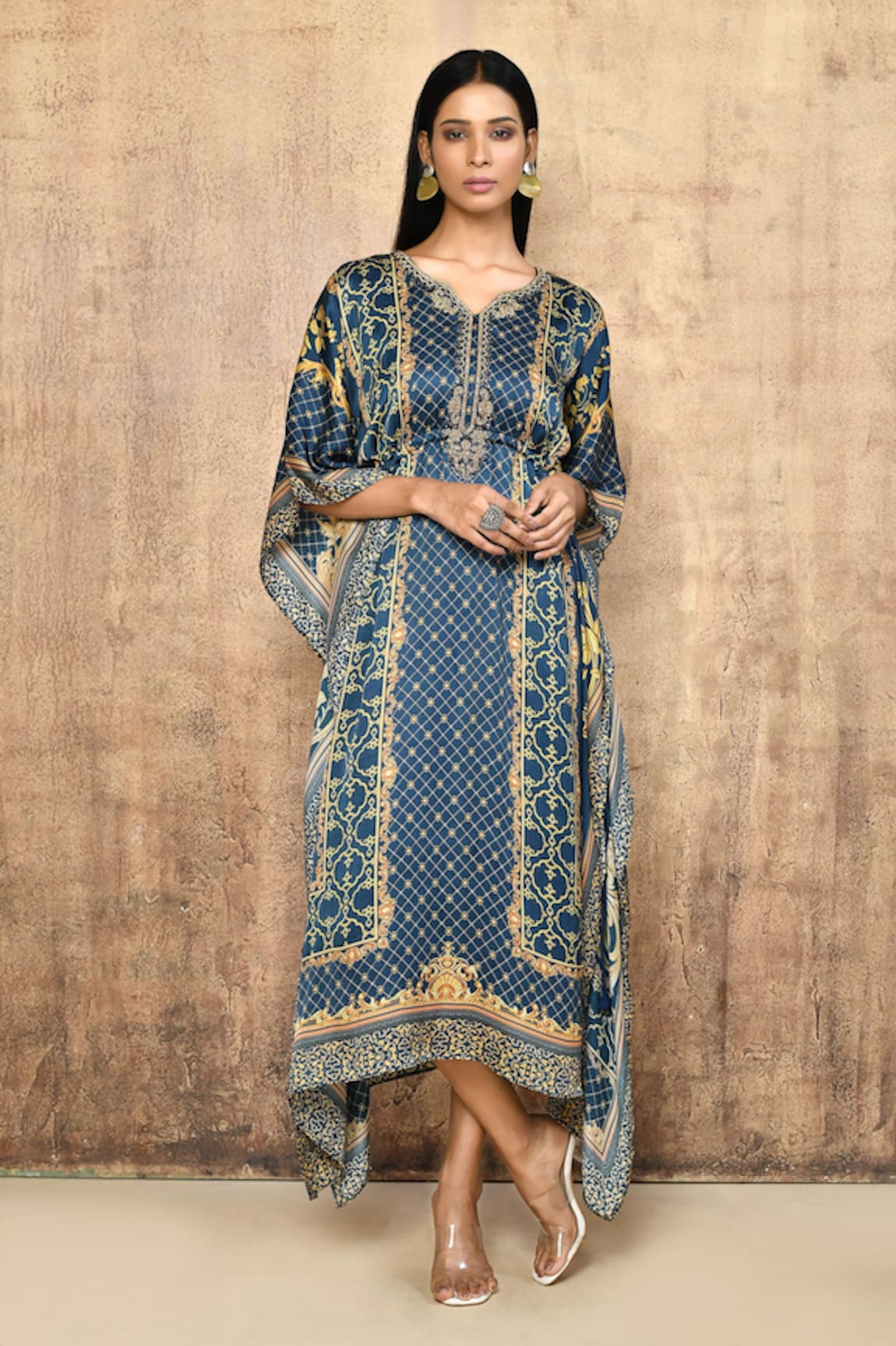 Naintara Bajaj Abstract Print Leaf Neck Kaftan With Inner