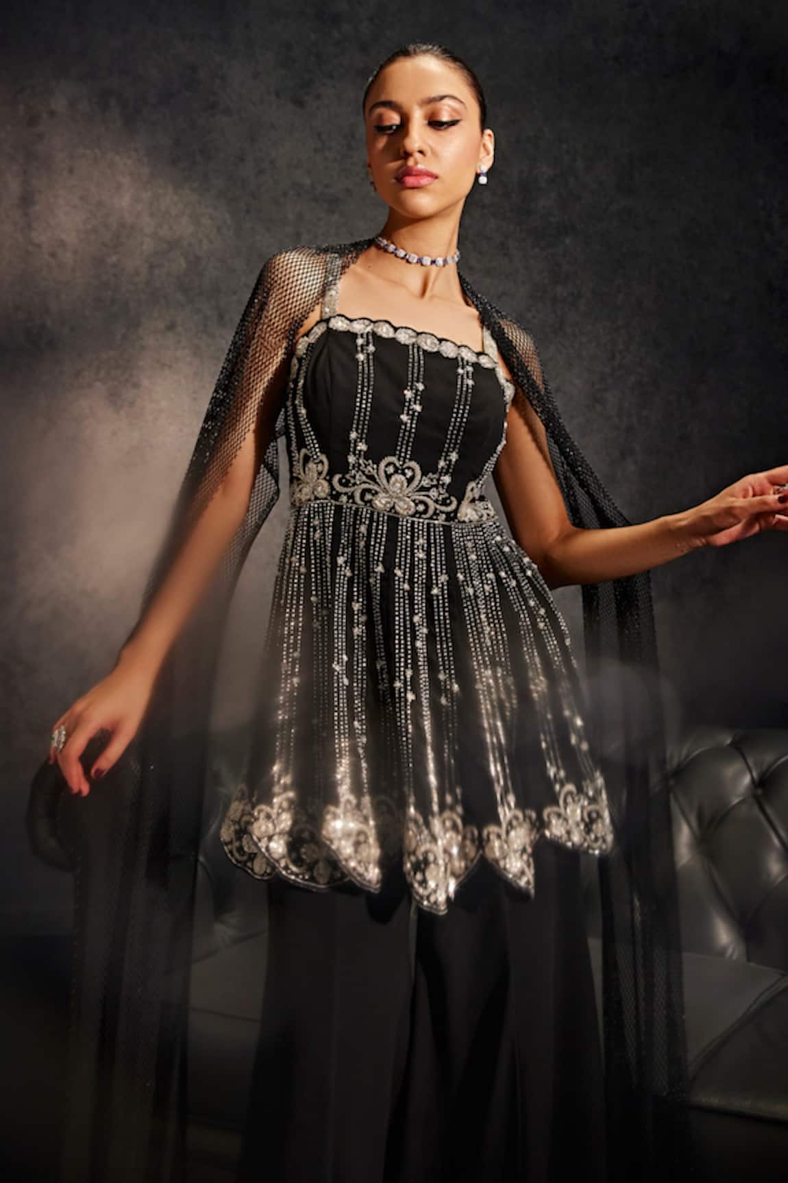 Studio22 By Pulkita Arora Bajaj Constellation Crystal Embellished Peplum Kurta Sharara Set