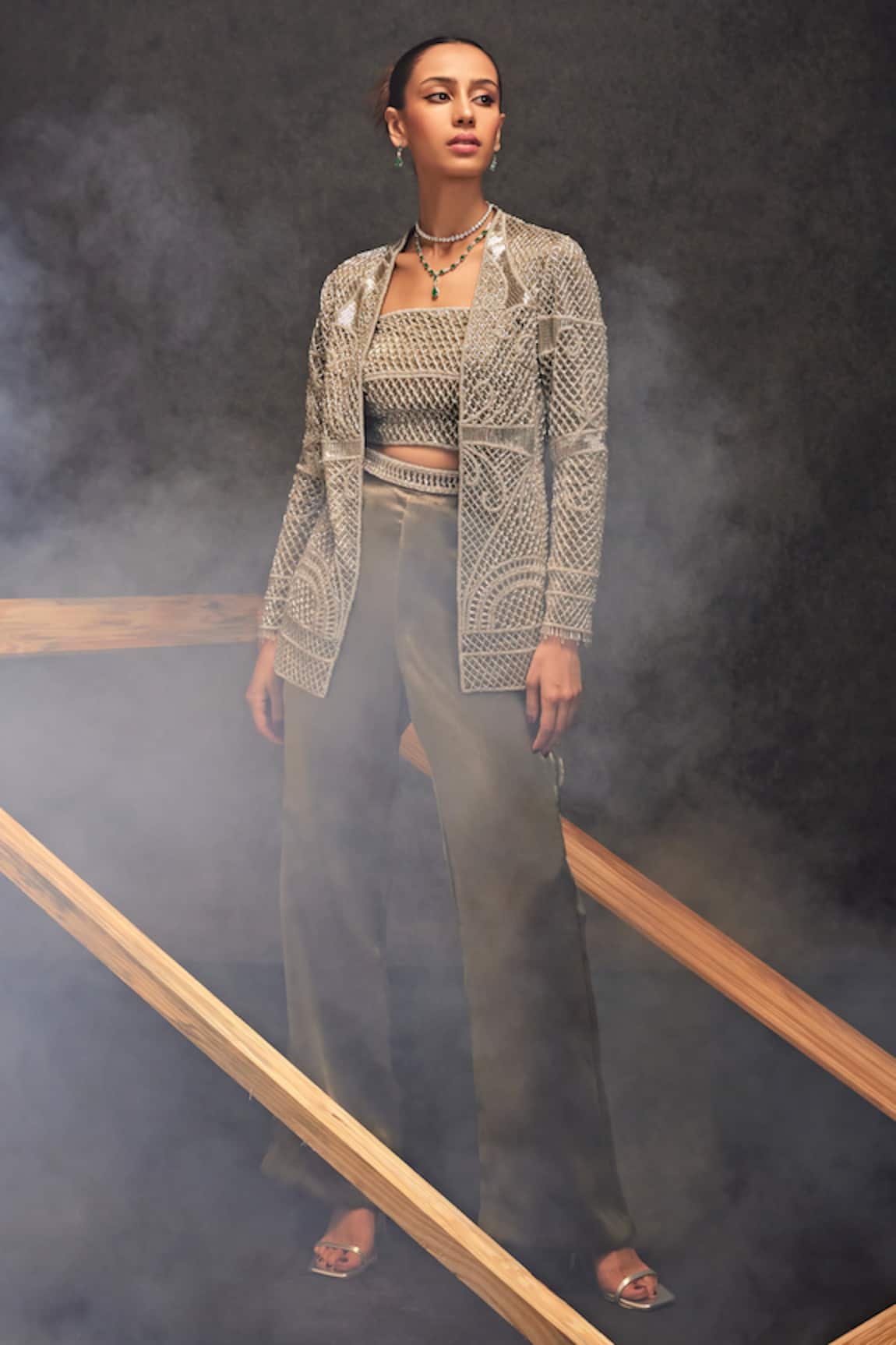 Studio22 By Pulkita Arora Bajaj Shooting Star Mughal Jaal Embellished Jacket Pant Set