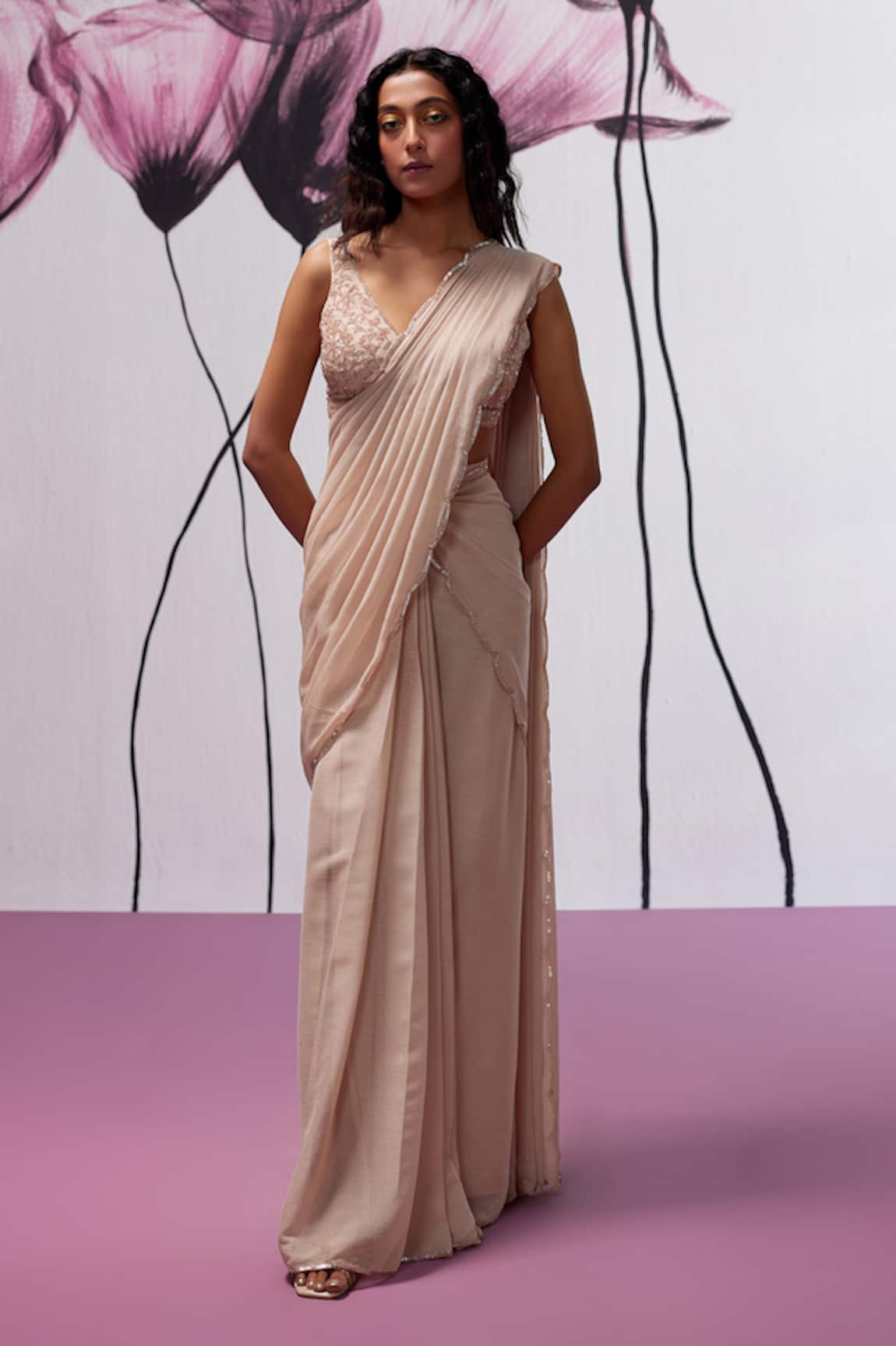 Zoon Shimmer Pre Draped Saree With Embellished Blouse