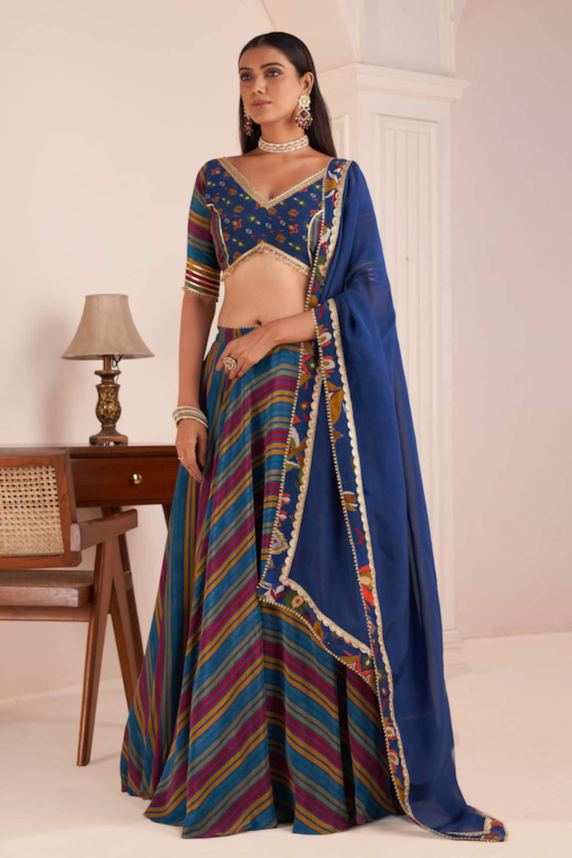 AFFROZ Band Stripe Print Lehenga Blouse Set