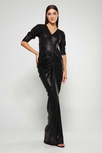 Cham Cham Pleated Draped High Slit Gown 