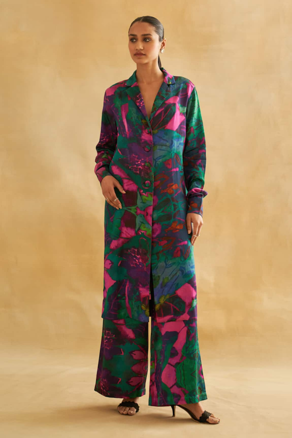 Taisha Abstract Tropical Print Long Blazer With Pant