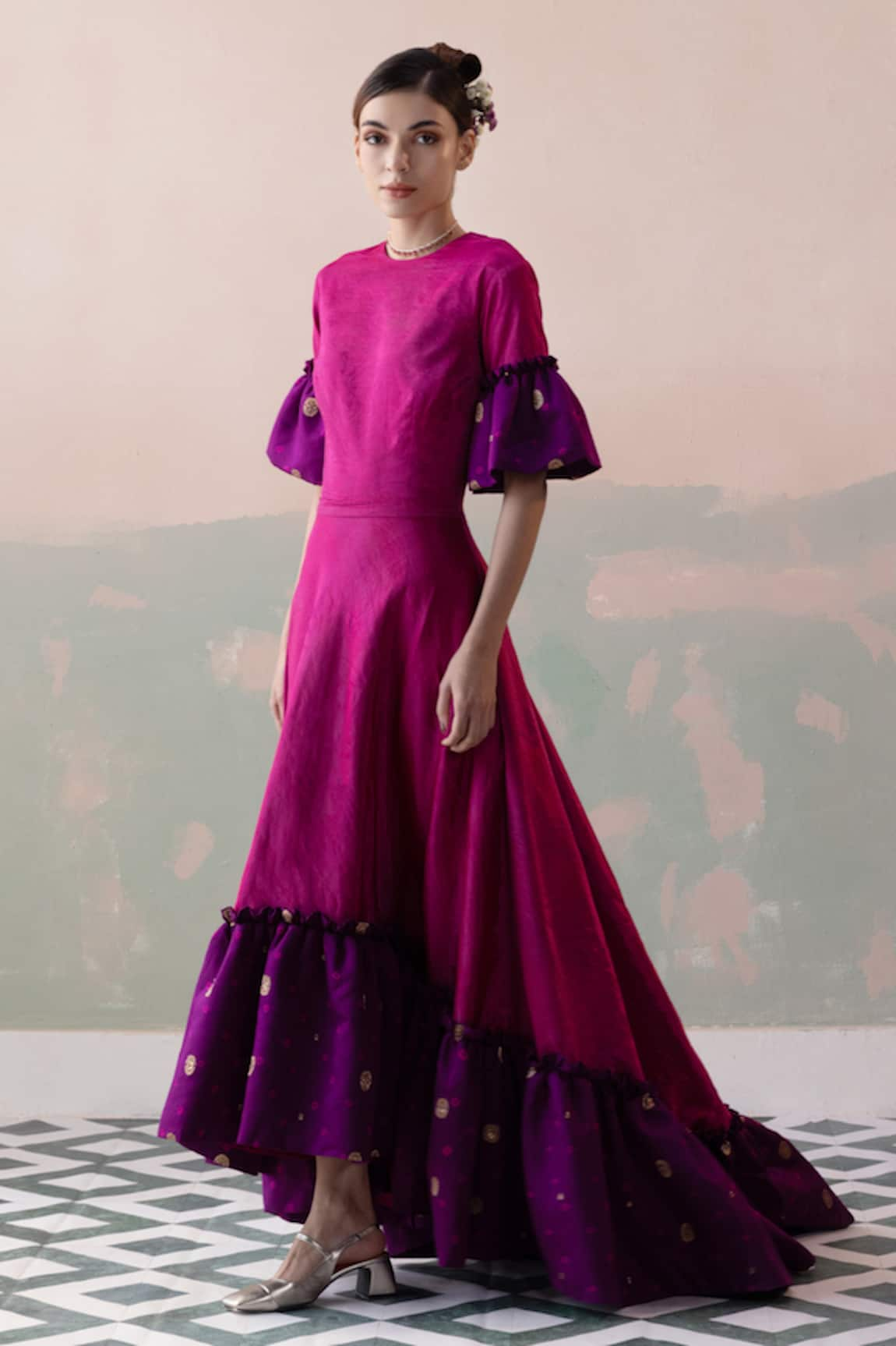 Taisha Bandhani Buti Frill Lantern Sleeves High Low Gown