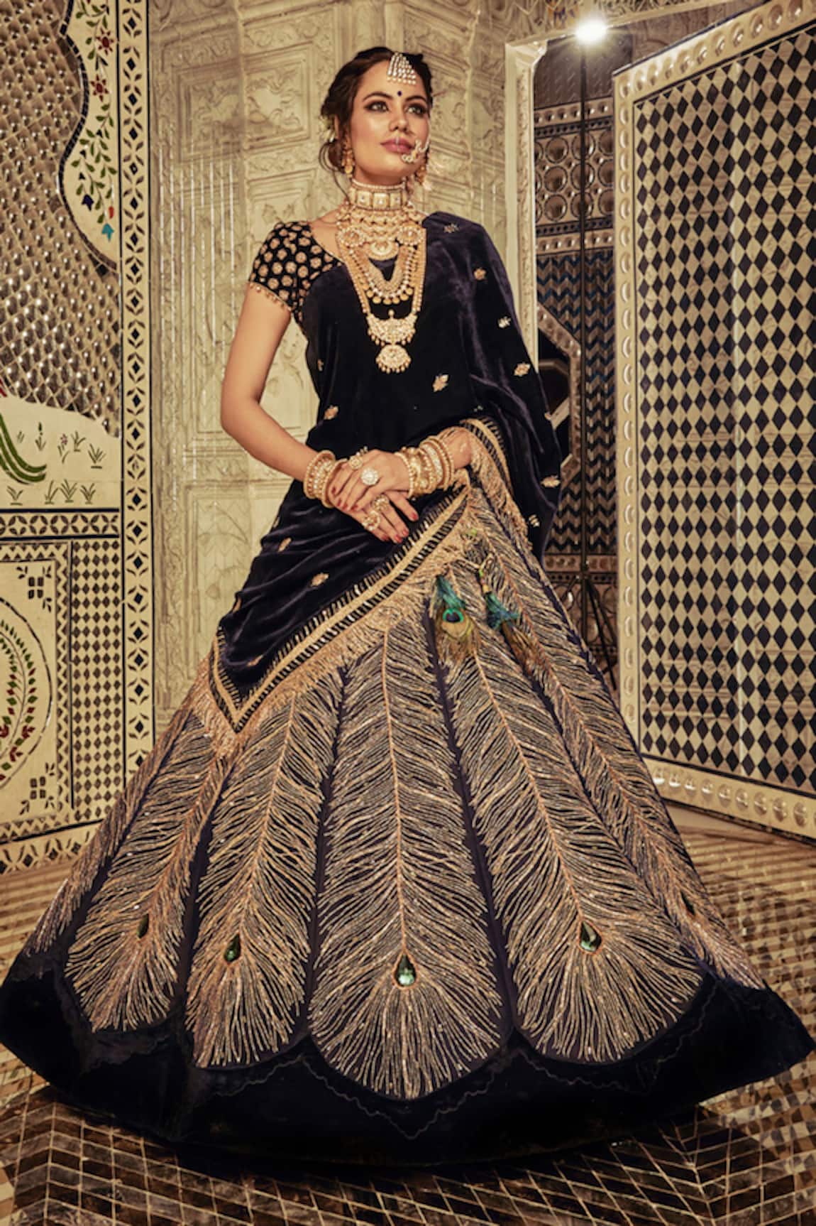 Archana Kochhar Velvet Peacock Embroidered Bridal Lehenga Set 