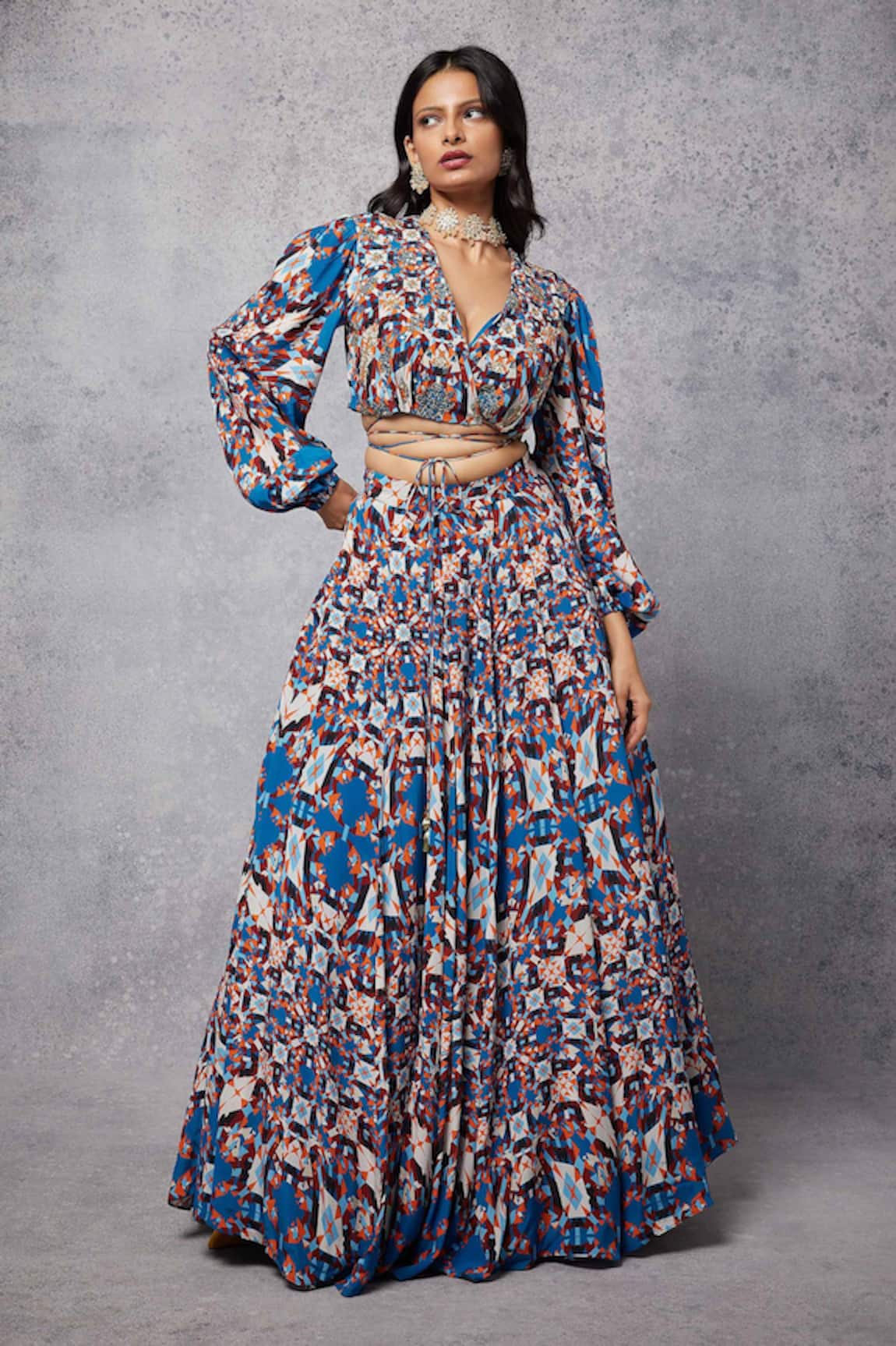 Senren by Eshana Raut Abstract Geometric Print Blouse With Lehenga