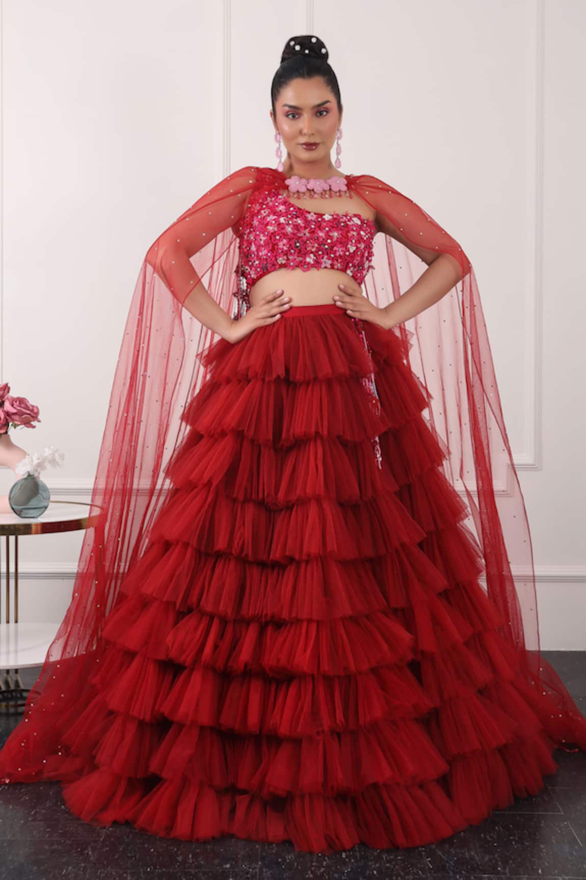 KIRAN KALSI Ruffle Layered Lehenga Embroidered Blouse Set 