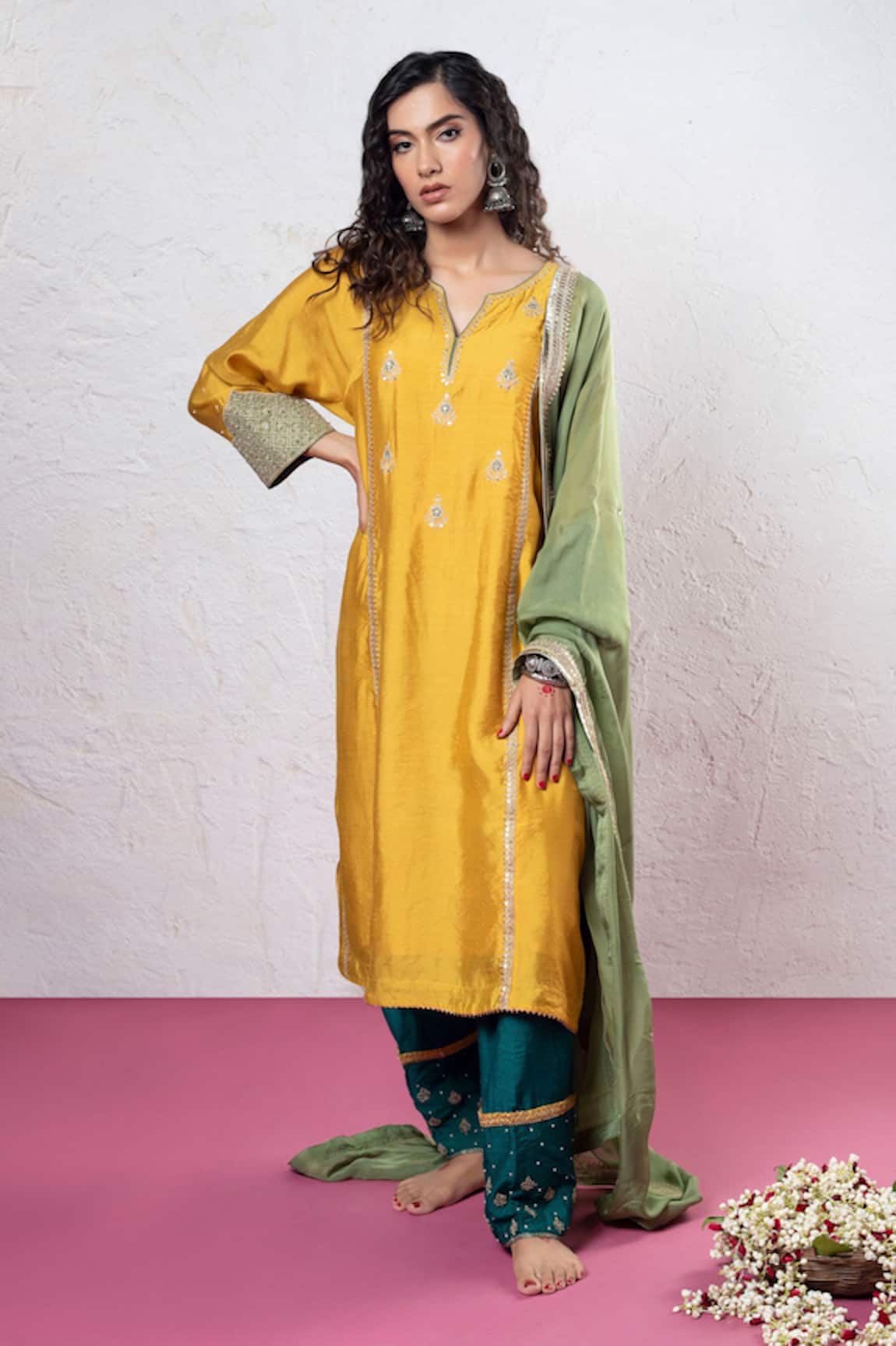 Pants And Pajamas Chanderi Placement Embroidered Kurta Set 