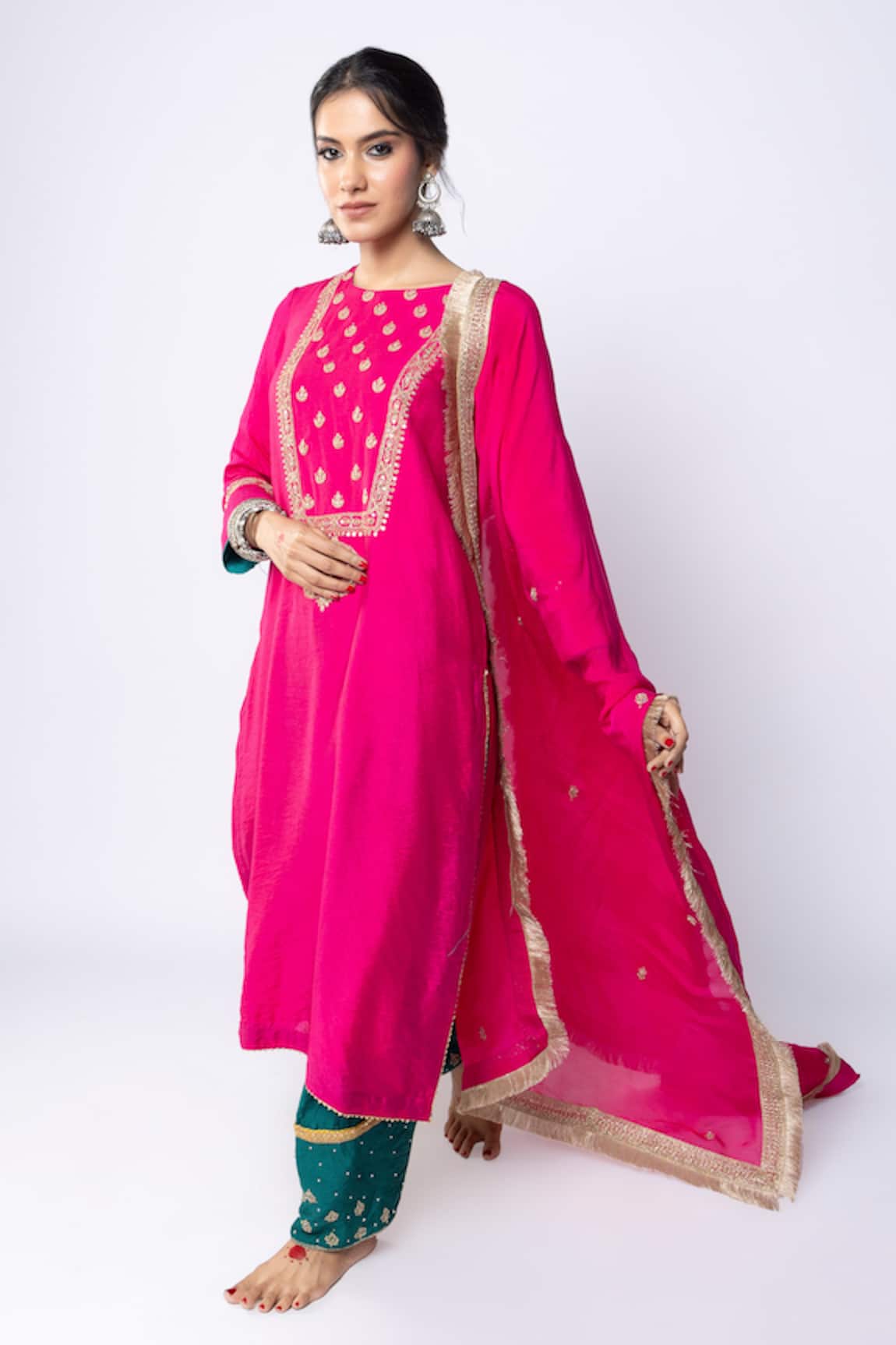 Pants And Pajamas Chanderi Zari Embroidered Yoke Kurta 