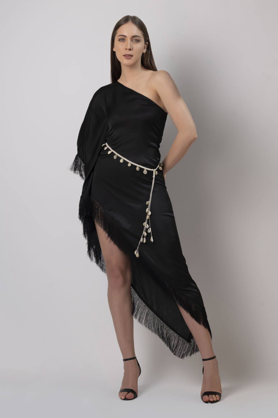 House Of Varada Solid Satin One-Shoulder Dress With Belt