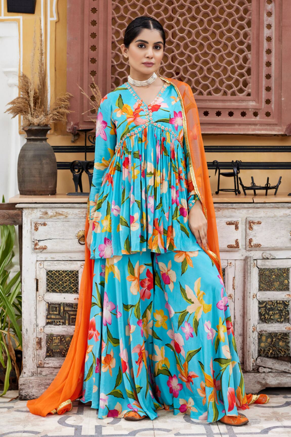 Nimbu Mirchi Embellished Peplum Kurta Sharara Set 