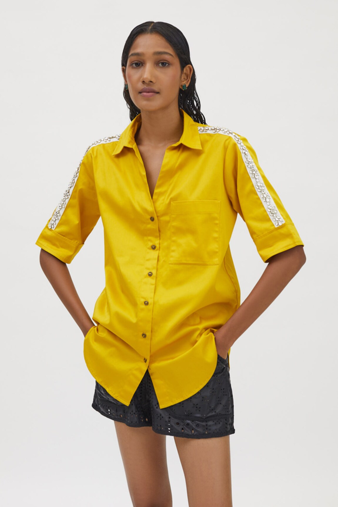 PALLAVI SWADI Cotton Satin Embellished Shirt