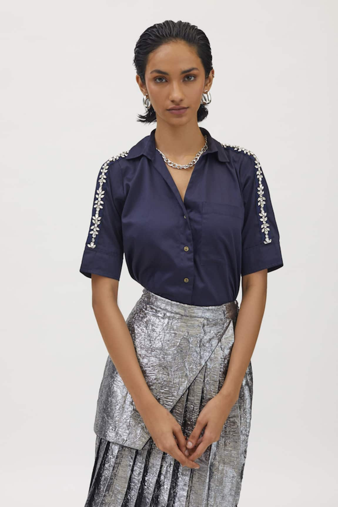 PALLAVI SWADI Flower Swarovski Ribbon Embellished Shirt