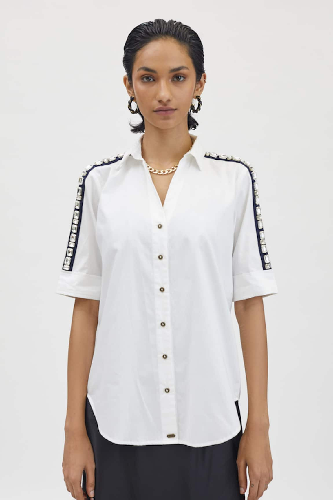 PALLAVI SWADI Rectangle Swarovski Ribbon Hand Embellished Shirt