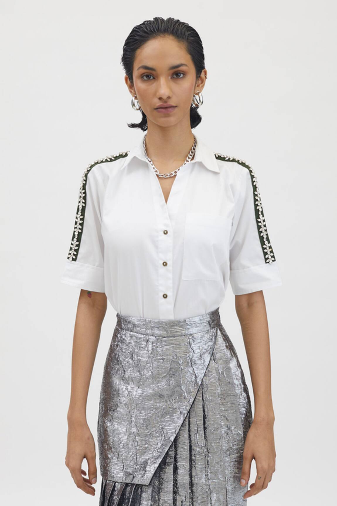 PALLAVI SWADI Floral Swarovski Ribbon Hand Embellished Shirt