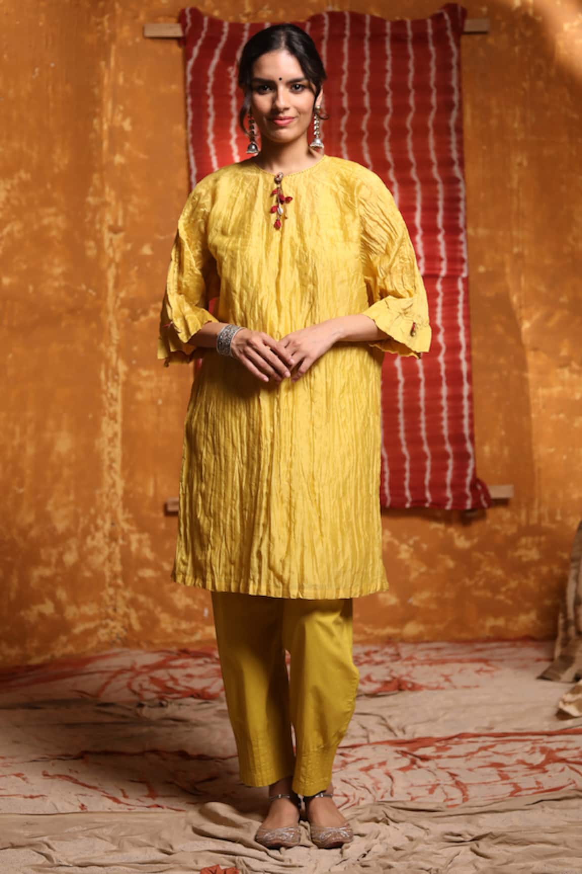 Shivani Bhargava Handloom Chanderi Crinkled Kimono Kurta With Pant