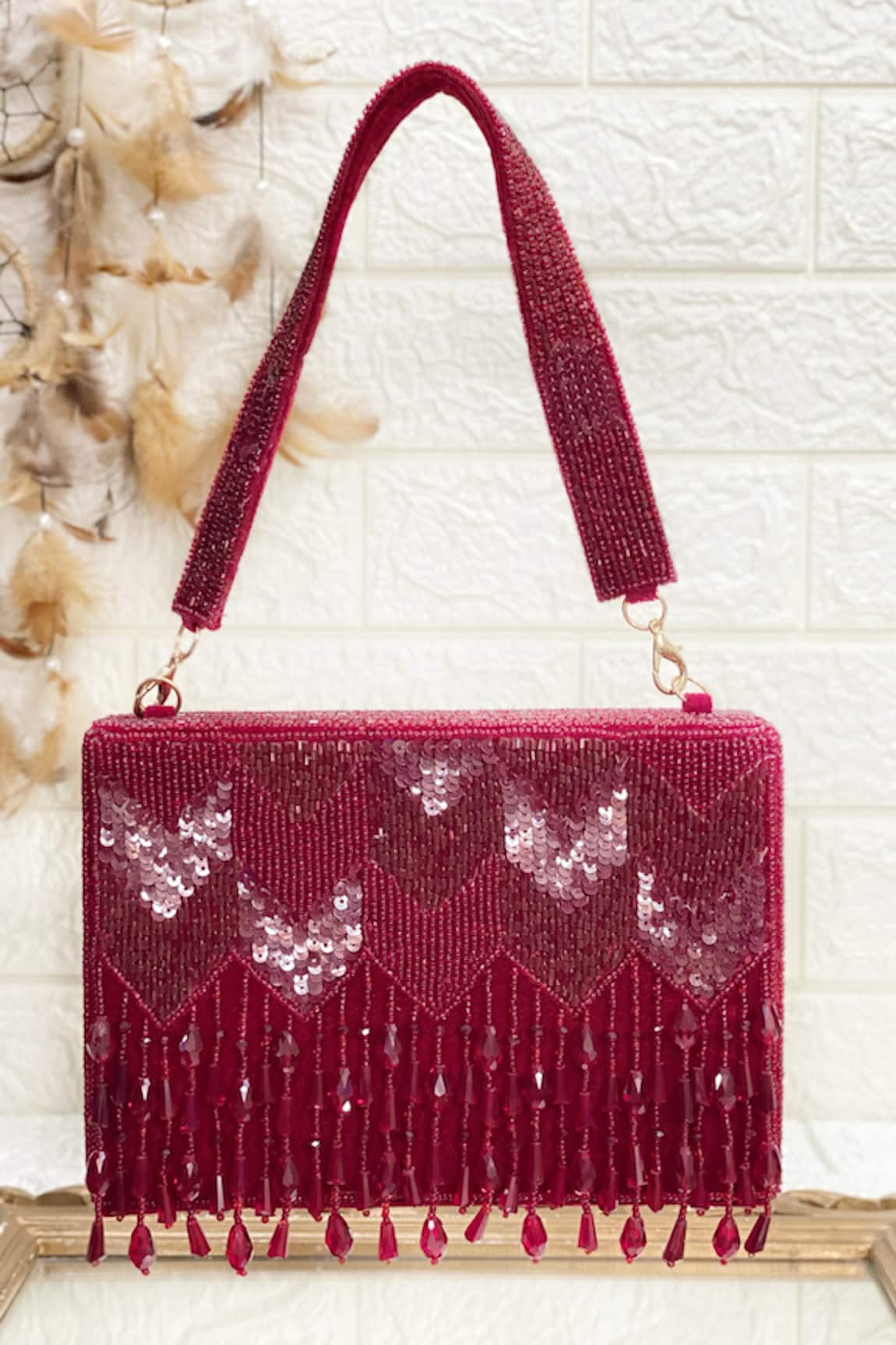 Kainiche by Mehak Bead Embellished Tasselled Box Bag